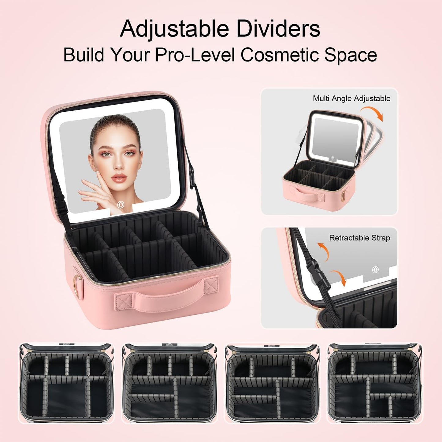 BEAUTY CASE Makeup Case with LED Light Mirror, 10 Inch Portable Travel Cosmetic Organizer Bag with Adjustable Dividers, Rechargeable, Large Capacity, Bright Lighting, Gift for Women Girls, Pink