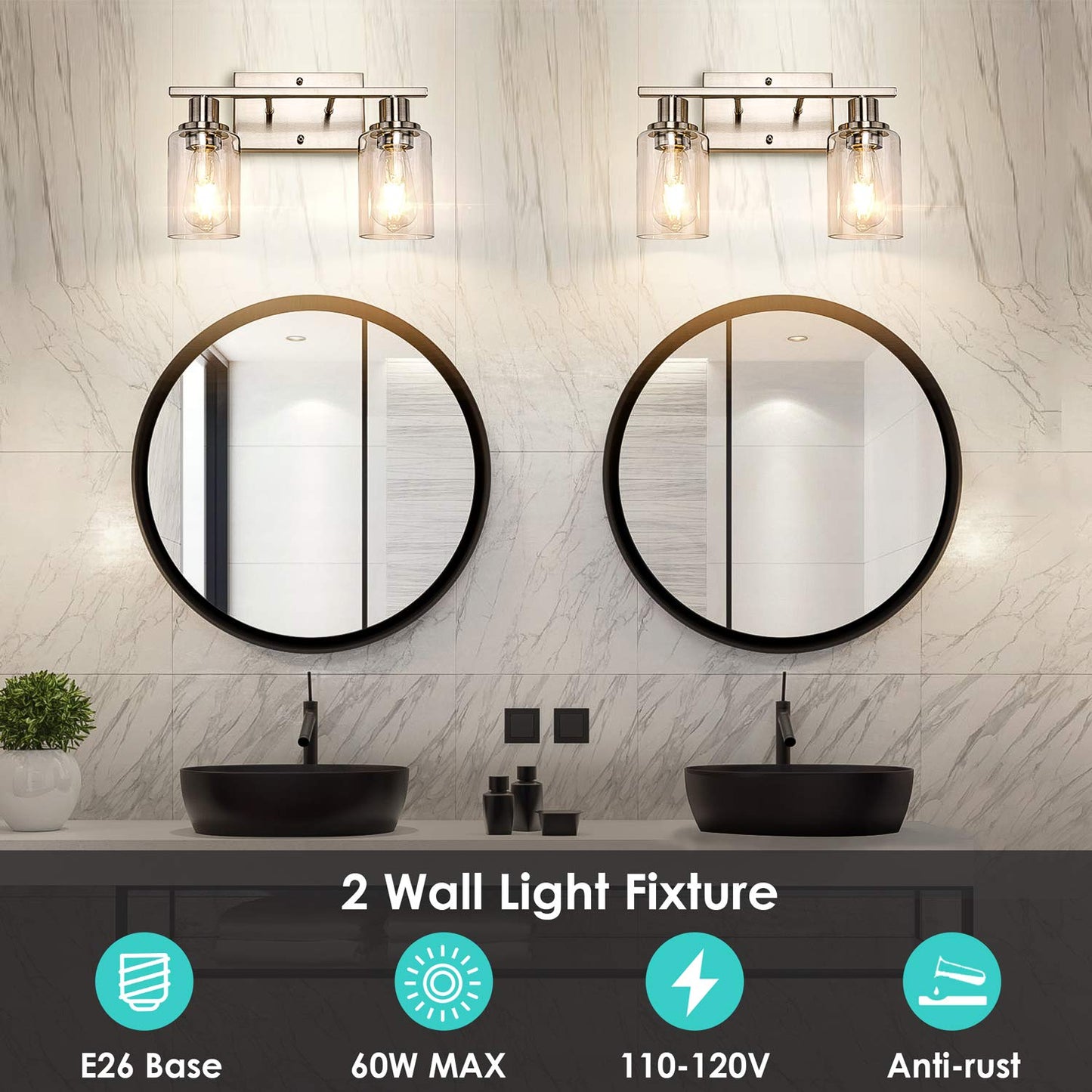 ShineTech 2-Light Bathroom Vanity Light Fixture, Brushed Nickel Bathroom Light Fixtures Over Mirror, Modern Wall Mounted Bathroom Lighting with Clear Glass Shade for Bathroom, Bedroom, Hallway