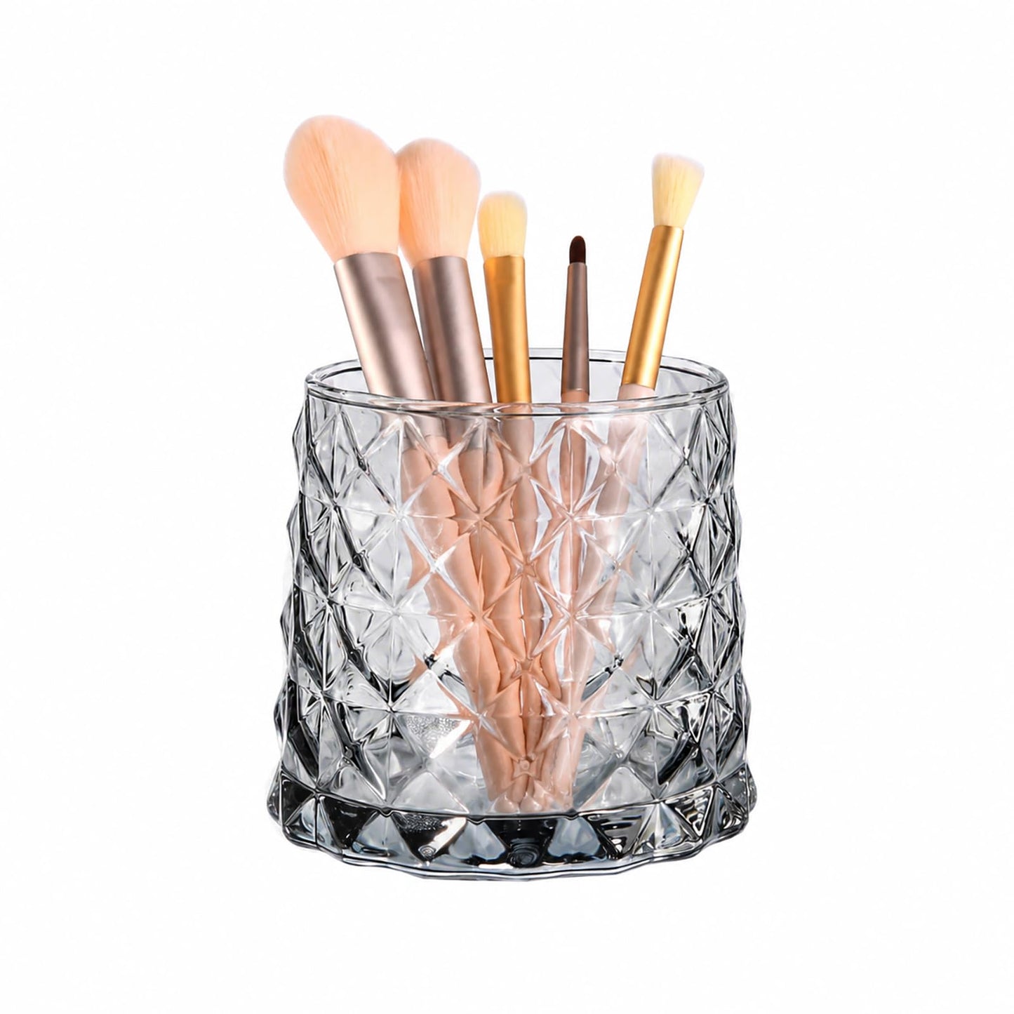 DASITON Glass Makeup Brush Holder Organizer, Diamond Pattern Cosmetic Storage Cup, Makeup Organizer for Vanity, Bathroom Countertop Toothbrush Holder, Desk Pen Pencil Holder (Grey)
