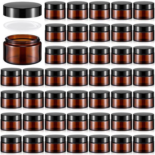 Domensi 60 Pcs 1oz Glass Jars with Lids Bulk Small Glass Salve Tins Cream Container Cosmetic Jars for Travel Balm with Inner Liners for Sample Cream (Amber,Black Lid,Plastic Lid)