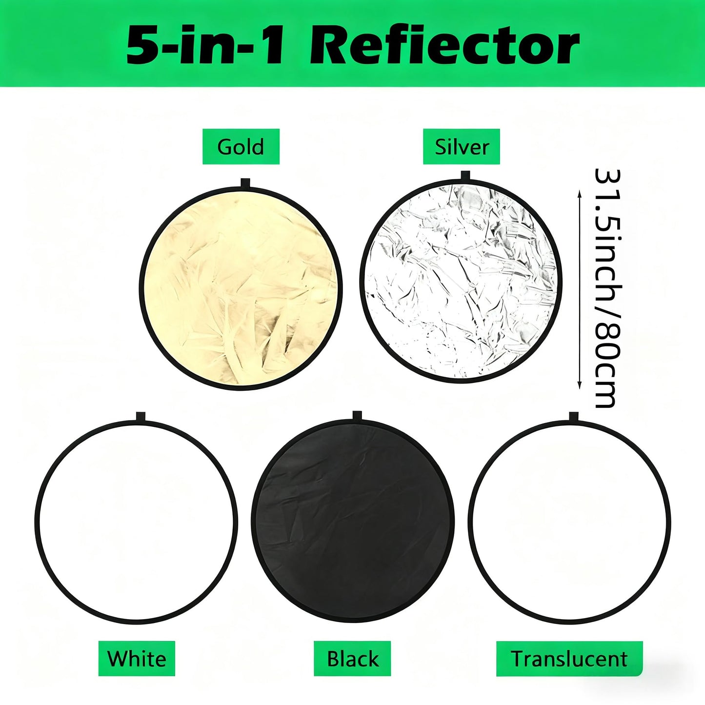 5-in-1 Photography Reflector 32"(80cm), Multi-Disc Collapsible Light Reflector with Bag - Super Portable for Studio/Macro Photography - Translucent, Silver, Gold, White and Black