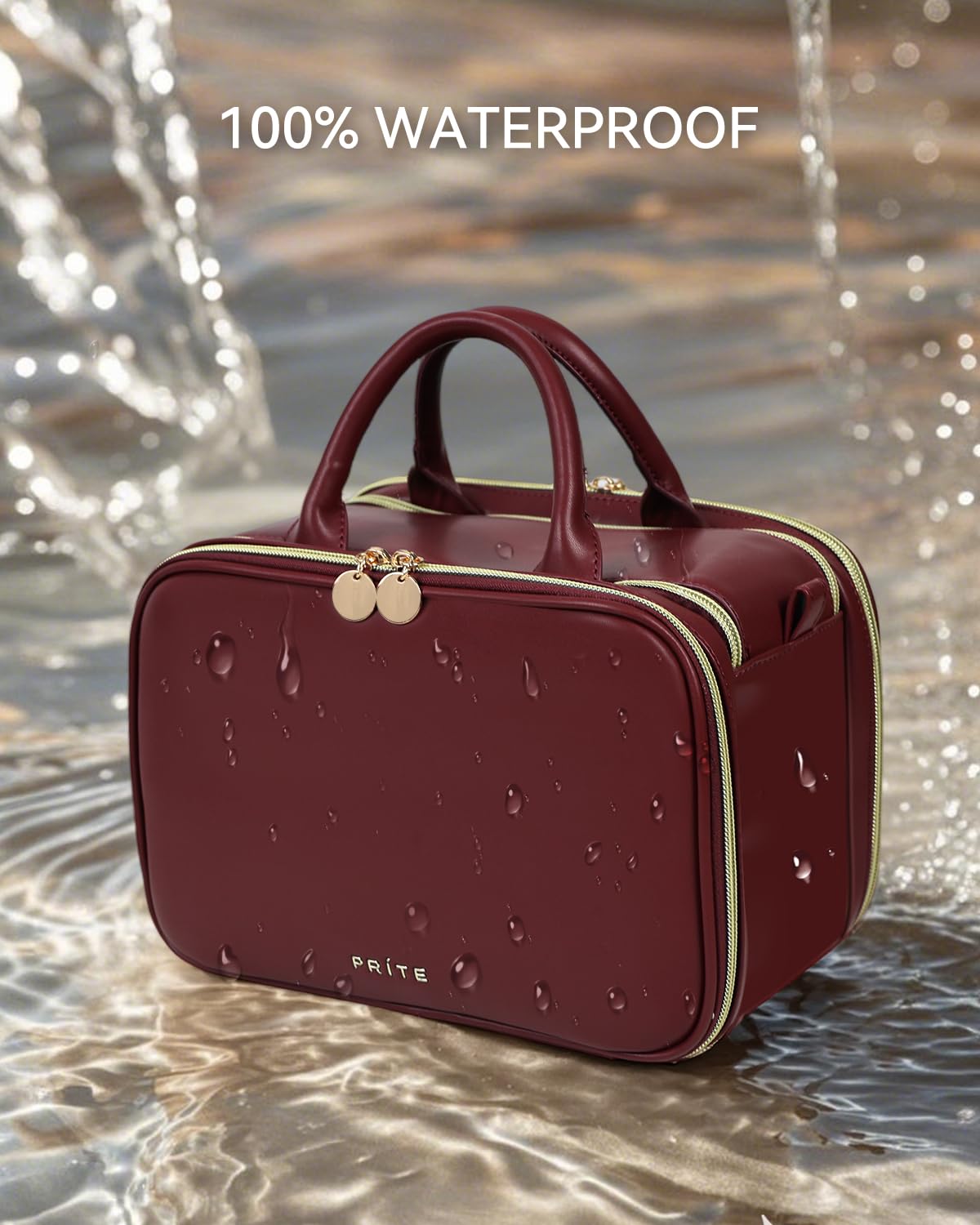 Prite Makeup Bag for Women, Large Capacity Waterproof Travel Cosmetic Organizer, Portable Open Flat Toiletry Bag with Free-standing Brush Holder and Handle (Burgundy Large)