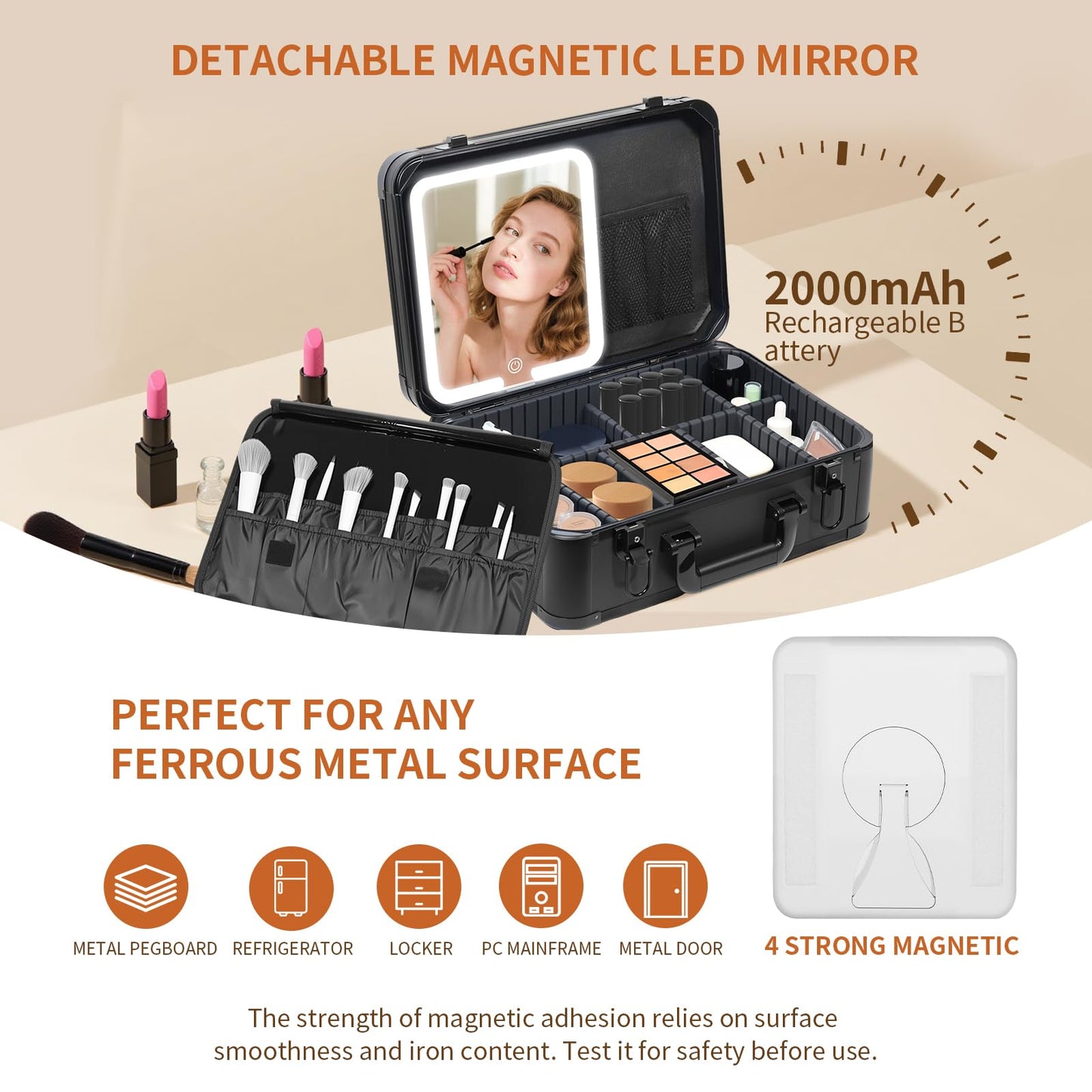 LivelyCove 15"x11" Makeup Case with Lighted Mirror & Brush Holder - Waterproof Travel Organizer, Customizable Storage, Rechargeable LED Vanity for Women (black)