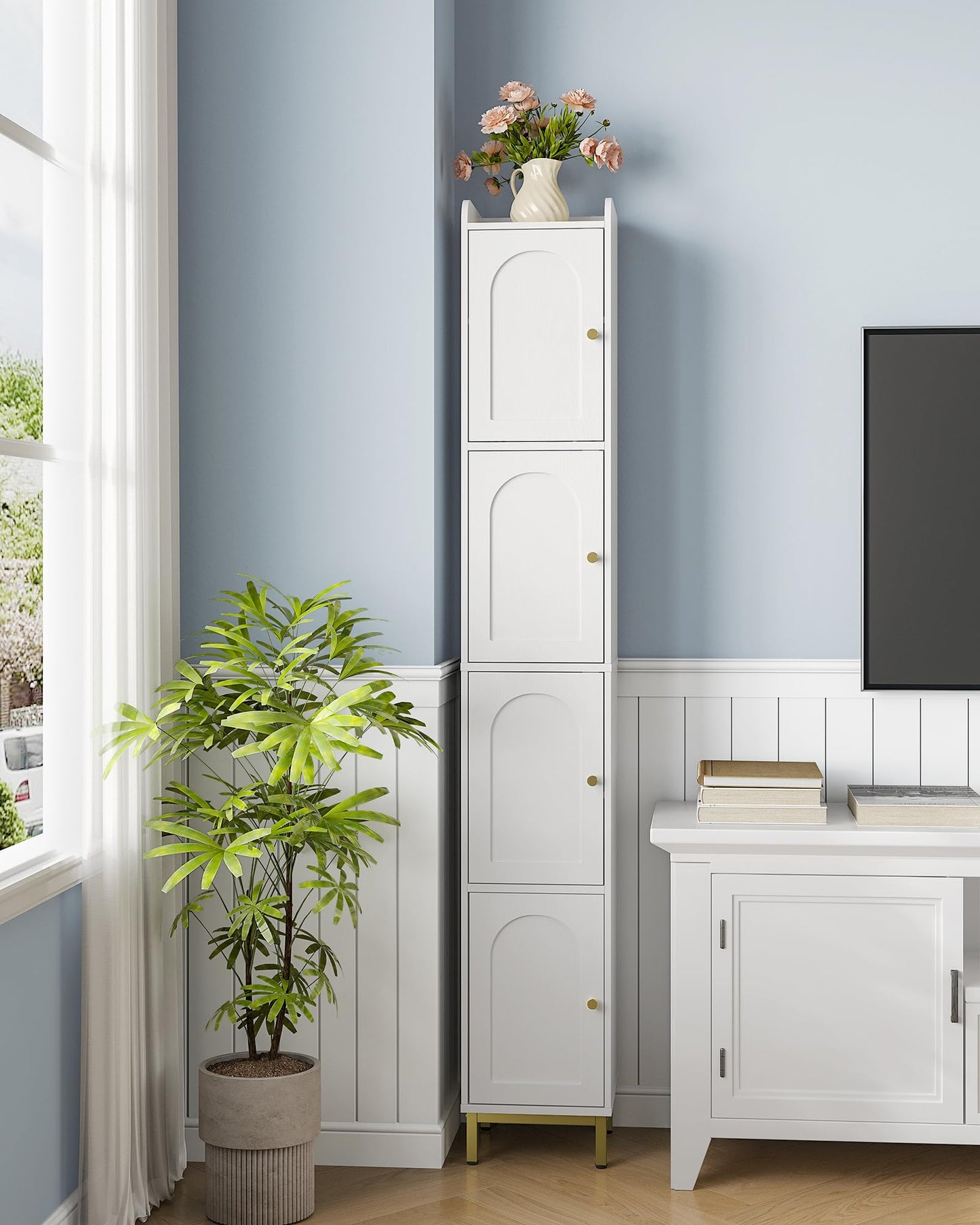Hzuaneri 4-Tier Narrow Tall Storage Cabinet, Slim Bathroom Storage Cabinet with 4 Adjustable Feet and Shelves, Bathroom Organization for Small Space, Kitchen, Living Room, Laundry Room White BC43313G