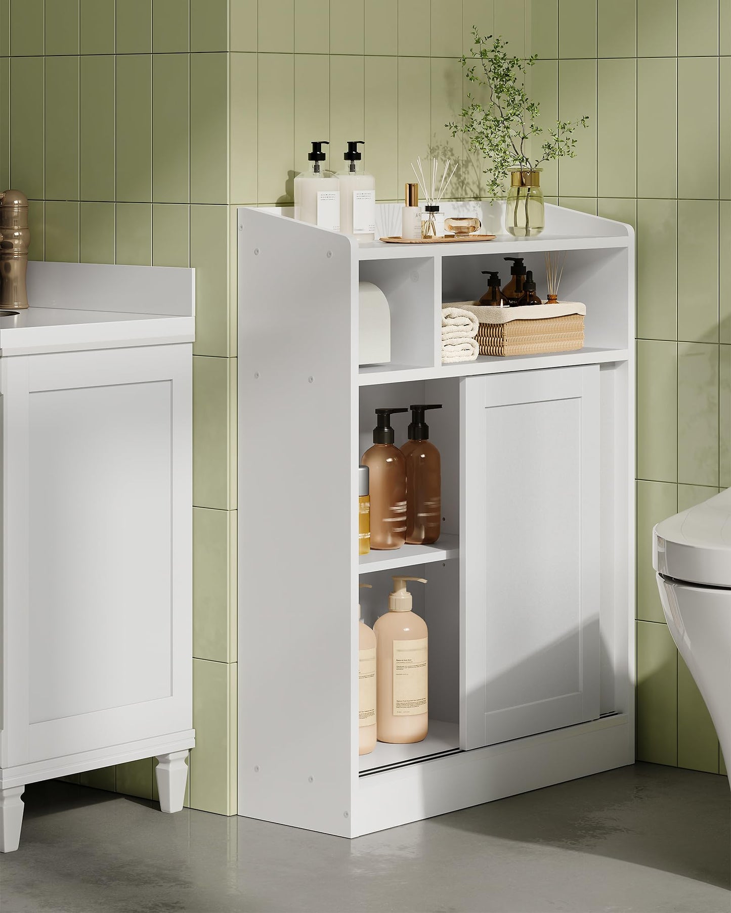 CHOEZON Slim Bathroom Storage Cabinet, Bathroom Floor Cabinet, Storage Organizer with Toilet Paper Holder, Sliding Doors and Adjustable Shelf, for Small Spaces, Bathroom, Living Room, Kitchen, White