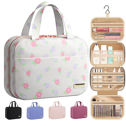 HOTOR Travel Toiletry Bag - Hanging Toiletry Bag for Women & Men, Makeup Bag/Big Comparment, Waterproof for Travel Accessories, Travel Essentials, Medium, Beige with Colorful Floral