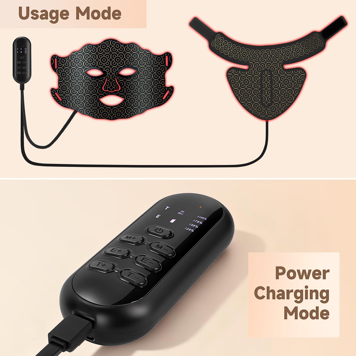Yenjuty Red Light Therapy Mask for Face and Neck, 7 Color LED Light Therapy Mask with Rechargeable Controller, Adjustable Brightness and Timer, Portable Skin Care for Home Use