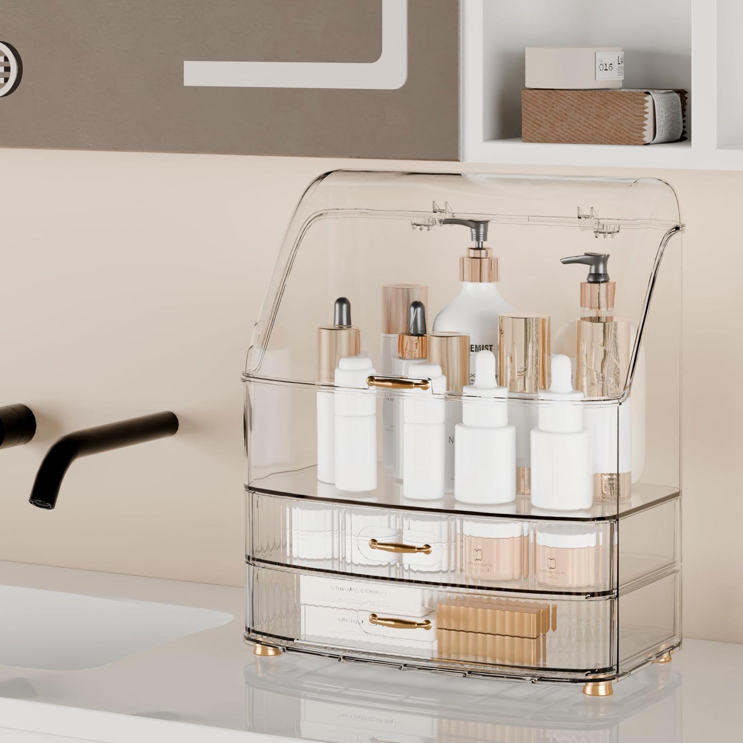 Plukers Makeup Organizer Countertop Vanity with Transparent Lid Drawers Waterproof Dustproof Cosmetic Skincare Bathroom Storage Gift for Women Teens Girls (Clear Whtie)