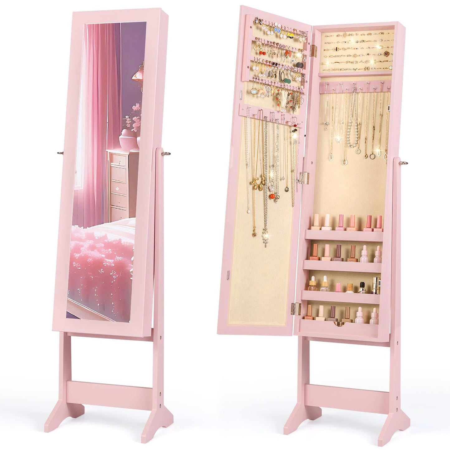 Giantex Jewelry Armoire with Full Length Mirror, Standing Jewelry Cabinet Organizer with 3 Tilting Angles, Bedroom Dressing Mirror with Large Storage for Earrings, Rings, Necklaces, Light Pink