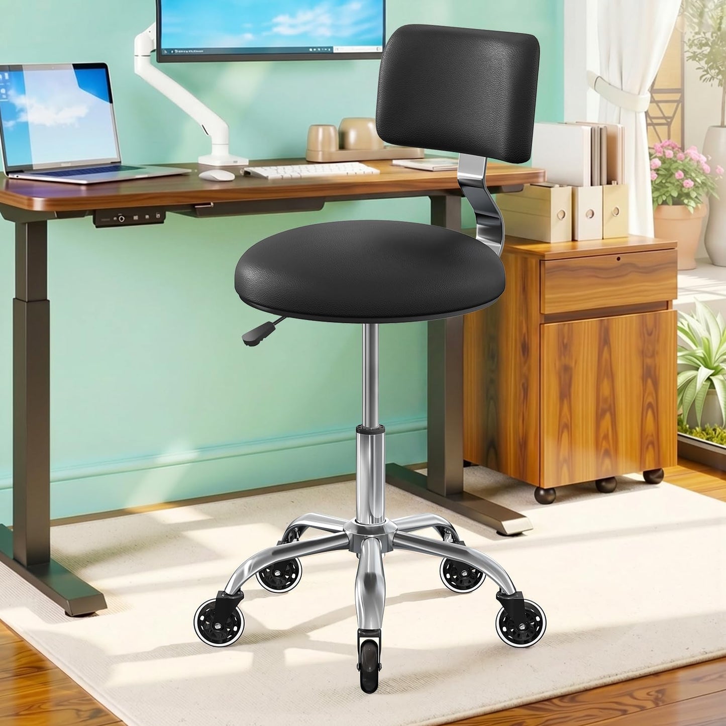 Rolling Stool Chair with Wheels, Office Drafting Chair with Back Support, Height Adjustable Standing Desk Stool with PU Leather Cushion for Home Office Kitchen Vanity Spa Garage Tattoo Dentist, Black