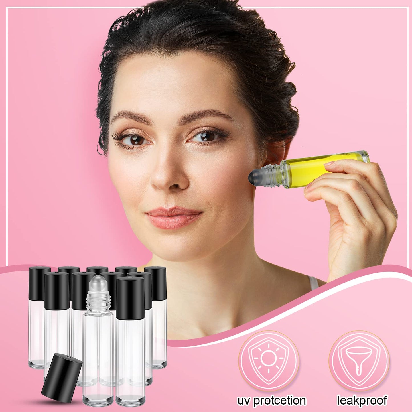 SEEWEY 96 Pcs Essential Oil Roller Bottles 10ml Empty Glass Roller Bottles with Stainless Steel Balls Protection Leakproof with 5 Funnel for Travel Perfume Lip Gloss (Clear, Black Lid)