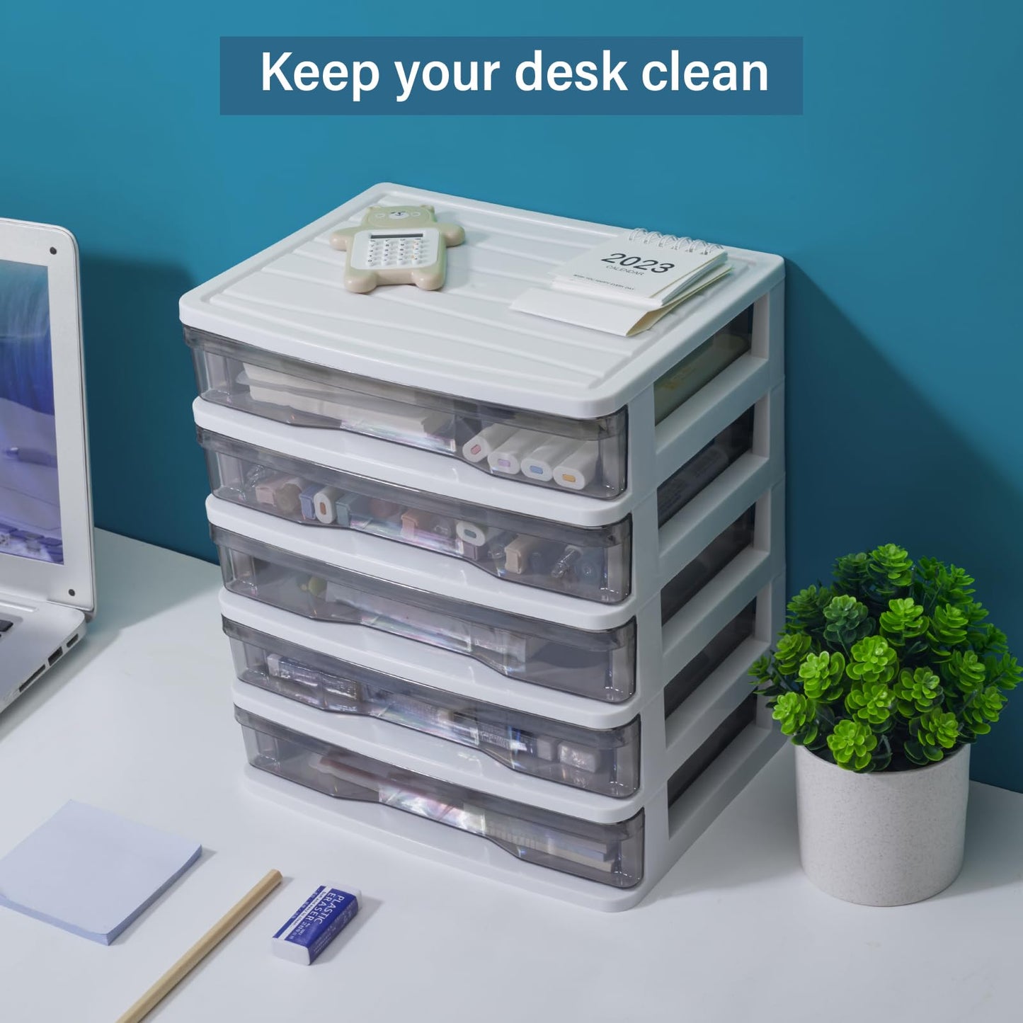 Charmewooden Plastic Drawers 5 Layer Desktop Storage, Small Organizer Box Storage Container Case, Desktop Organizer with Clear Drawers for Home, Office, Stationery, Jewelry and Cosmetics