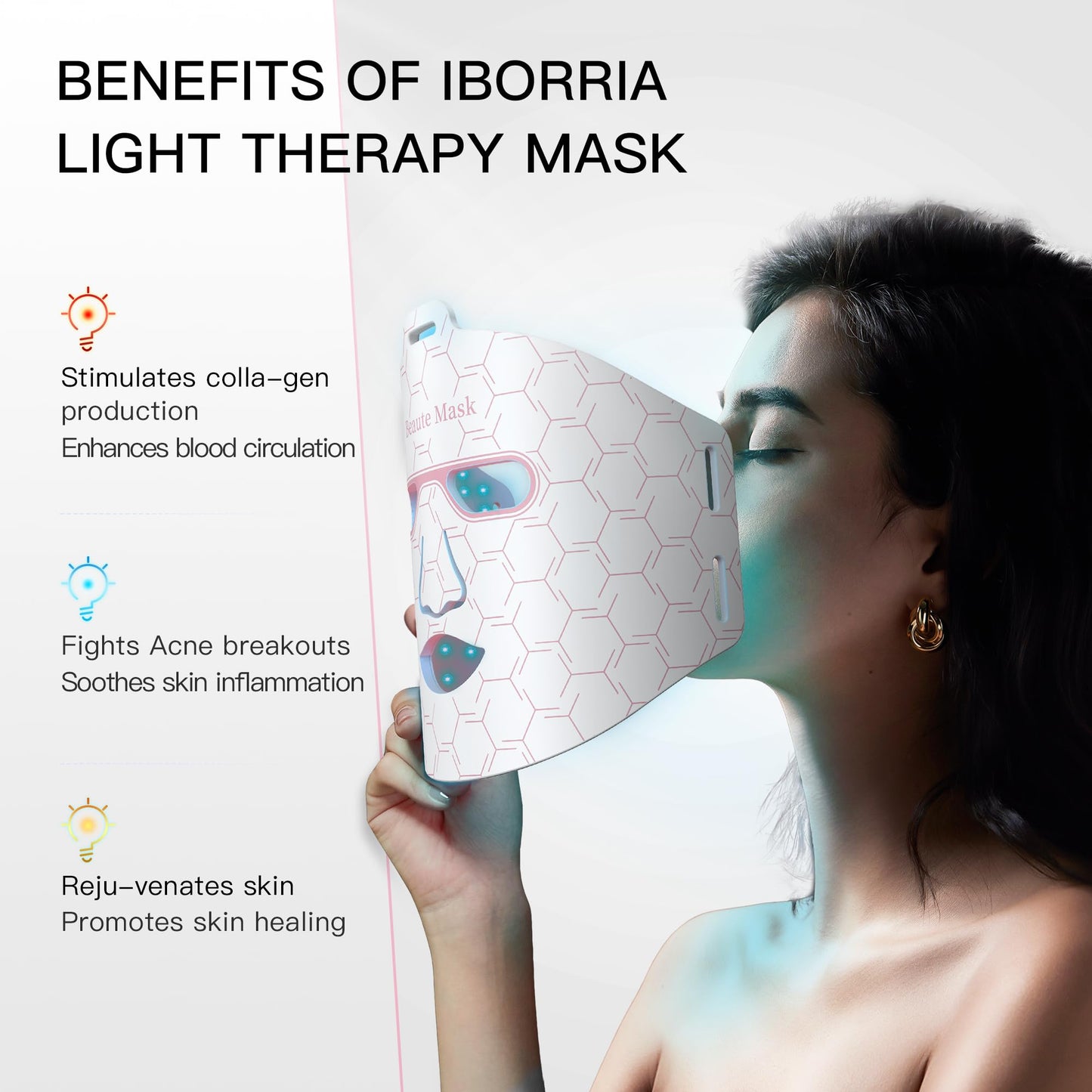 IBORRIA Red Light Therapy for Face, LED Face Mask Infrared Light Anti-Aging, 3 Modes for Blue & Yellow LED for Home, Yoga, Skincare, 2500mAh Rechargeable Remote Control, Adjustable Straps, Silicone