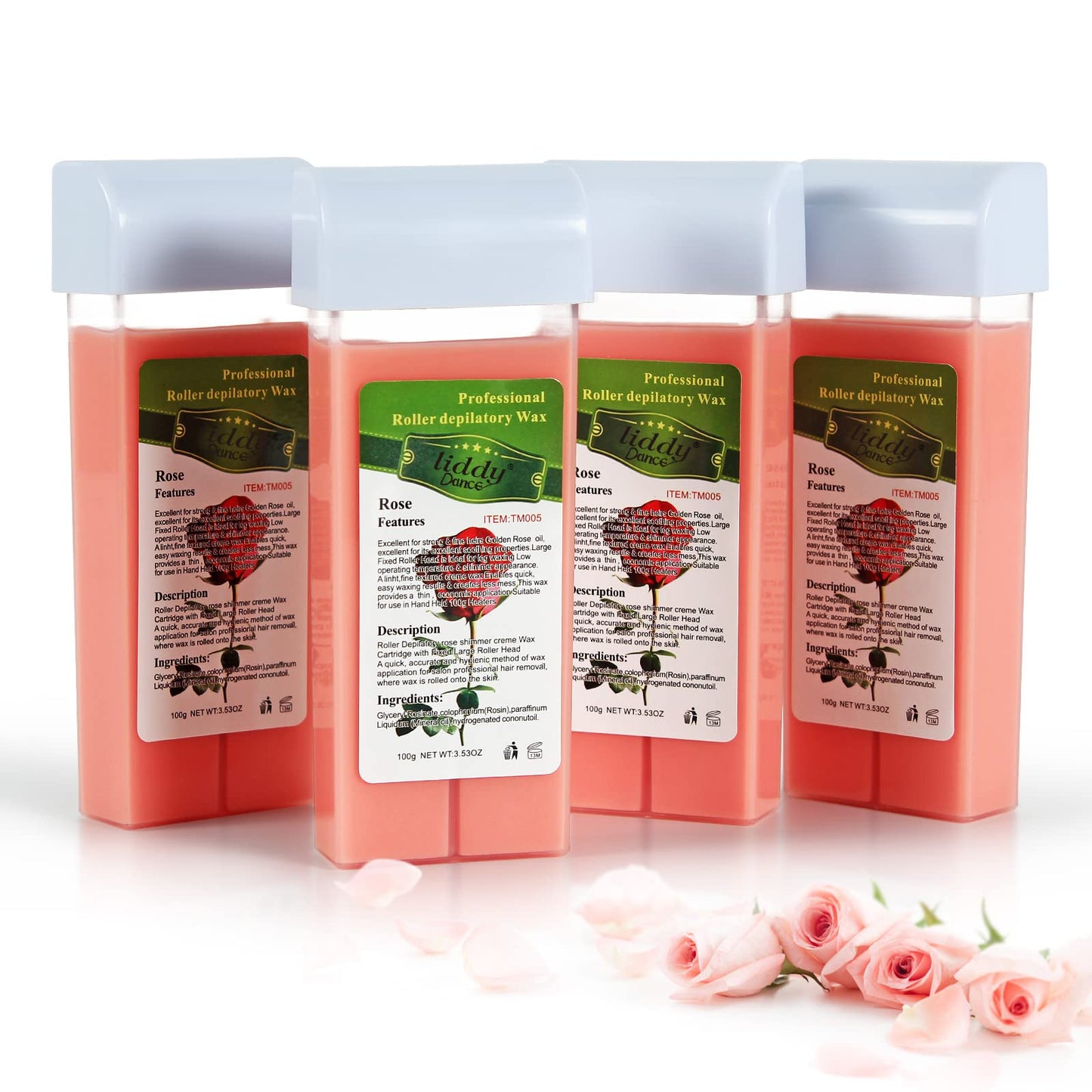 Rose Roll on Hair Removal Wax Refill Cartridges for Sensitive Skin, Rolling Waxing Kit for Women's Body, Legs, Arms at Home - 4 Pack (14.1 OZ)