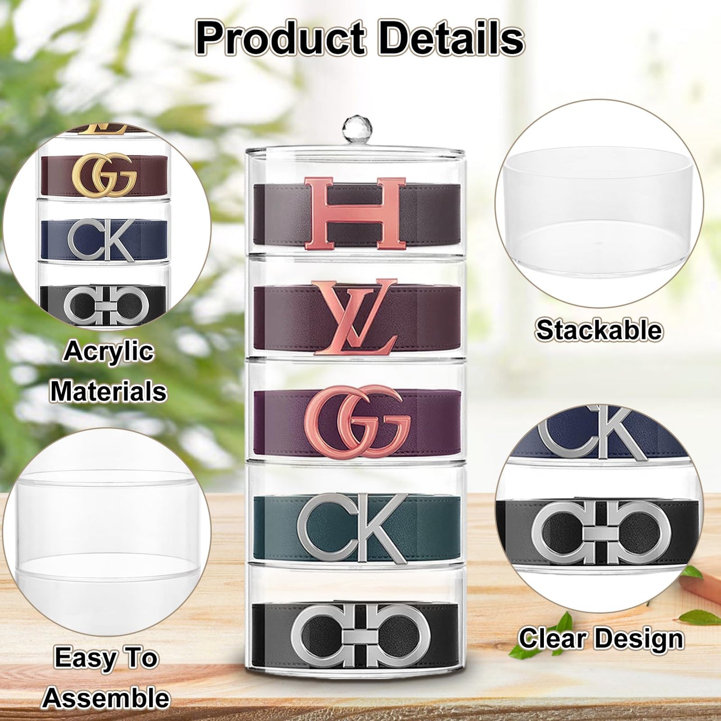 QTLCOHD 5 Layer Acrylic Belt Organizer, Clear Stackable Storage Box for Closet, Drawer, Belts, Watches, Jewelry and Accessories