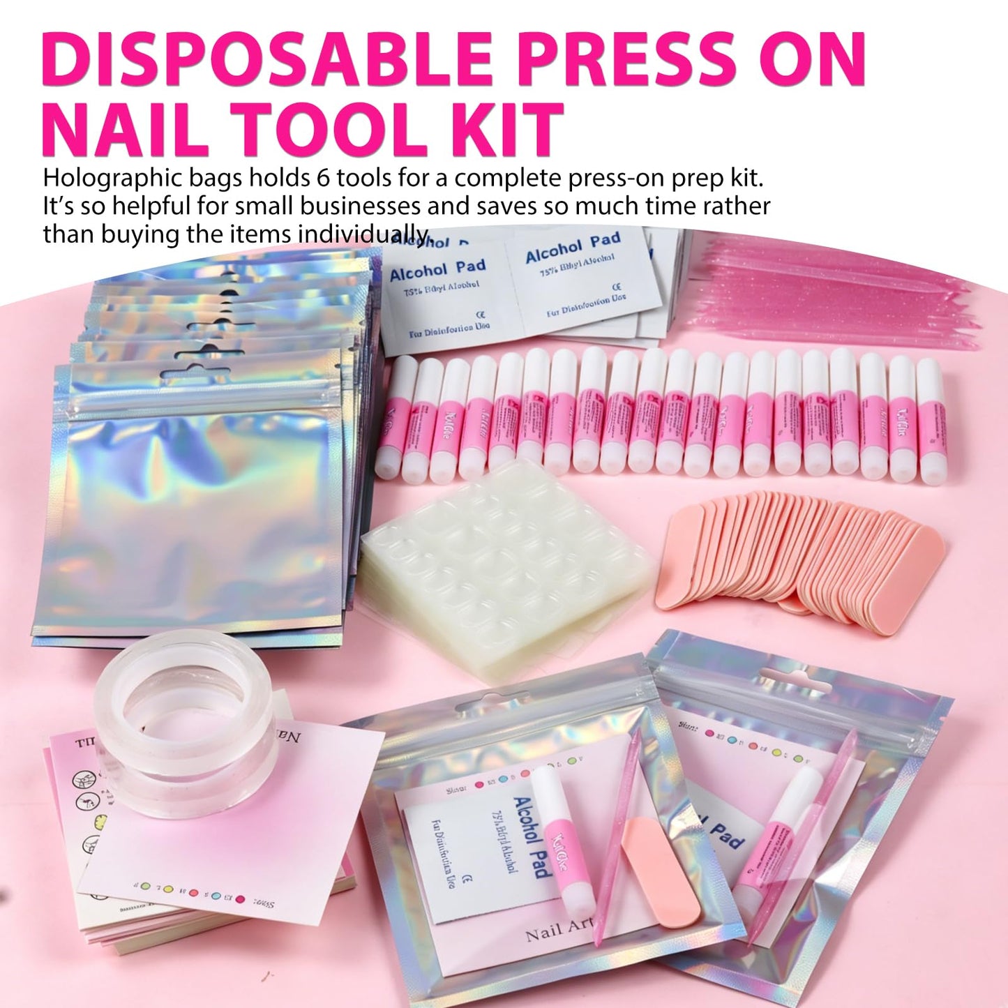 ESUOHYM 20 Sets Nails Packaging Bags for Press On Disposable Nail Supplies Kit with Holographic Bags, Glues, Instruction Cards, Tabs, File, Stick, Prep Pads, Tape Press On Nail Tools Kit for Business