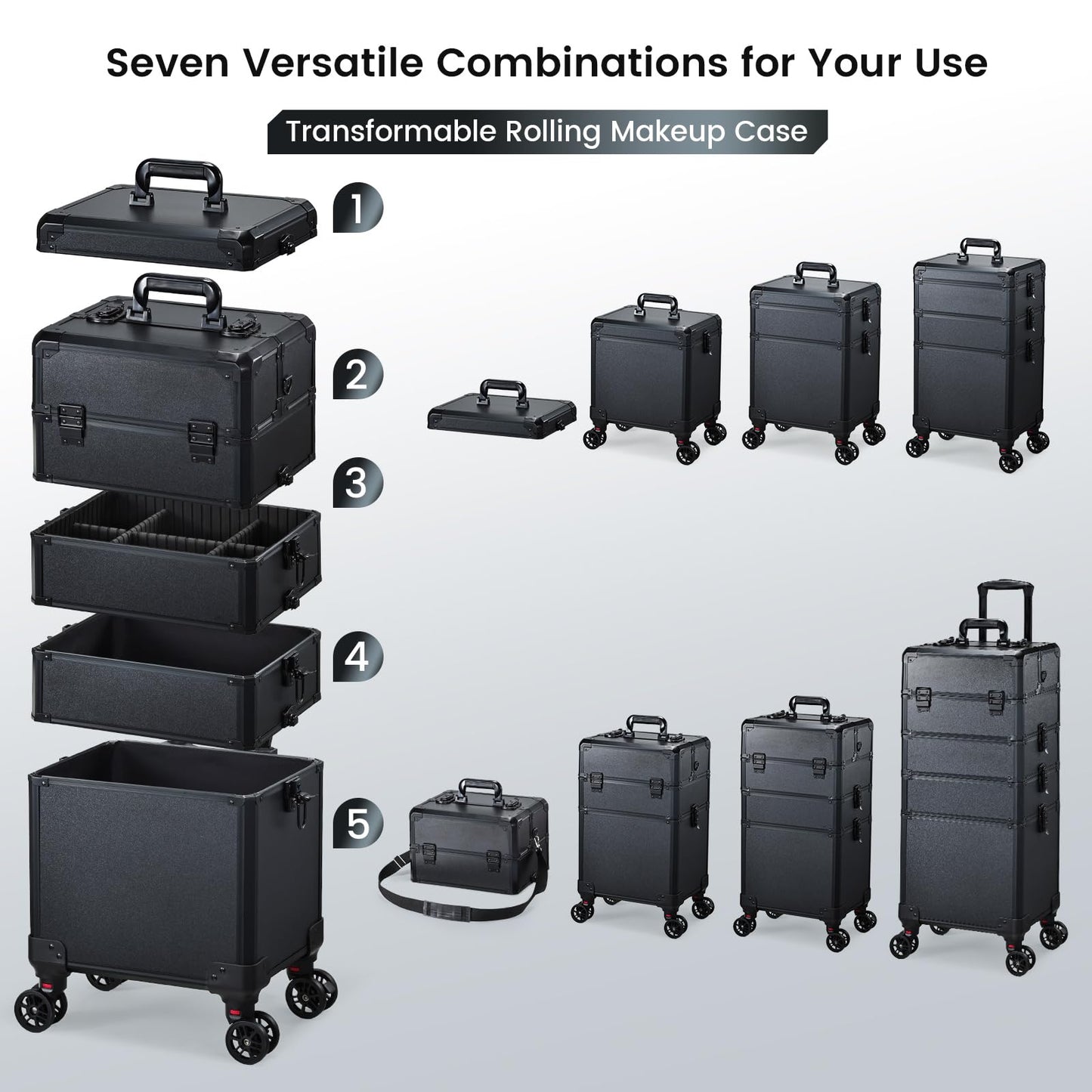 Rolling Makeup Case Makeup Train Case with Lid 5 in 1 Cosmetology Case on Wheels Cosmetic Trolley Organizer Large Makeup Organizers Case Profesional Cosmetic Case for Salon Barber Nail Beauty, Black