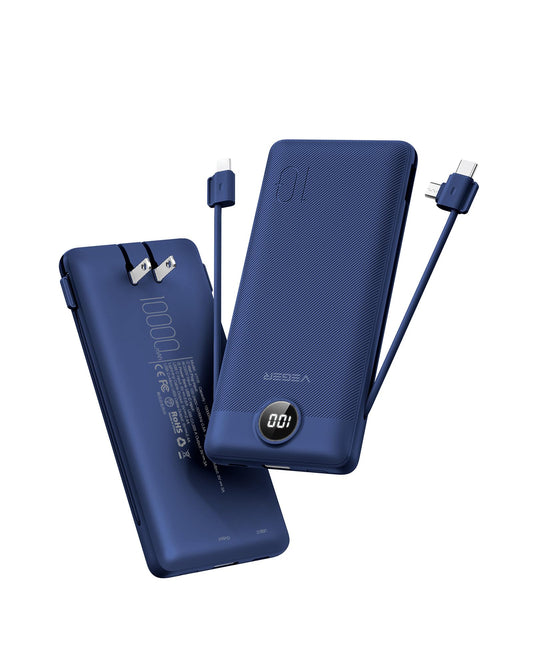 VEGER Portable Charger with Built-in AC Plug and Cables, All in One 10000mAh Ultra Slim Power Bank Emergency Fast Charging for Travel Battery Pack Compatible with iPhone, Samsung, Android, Navy