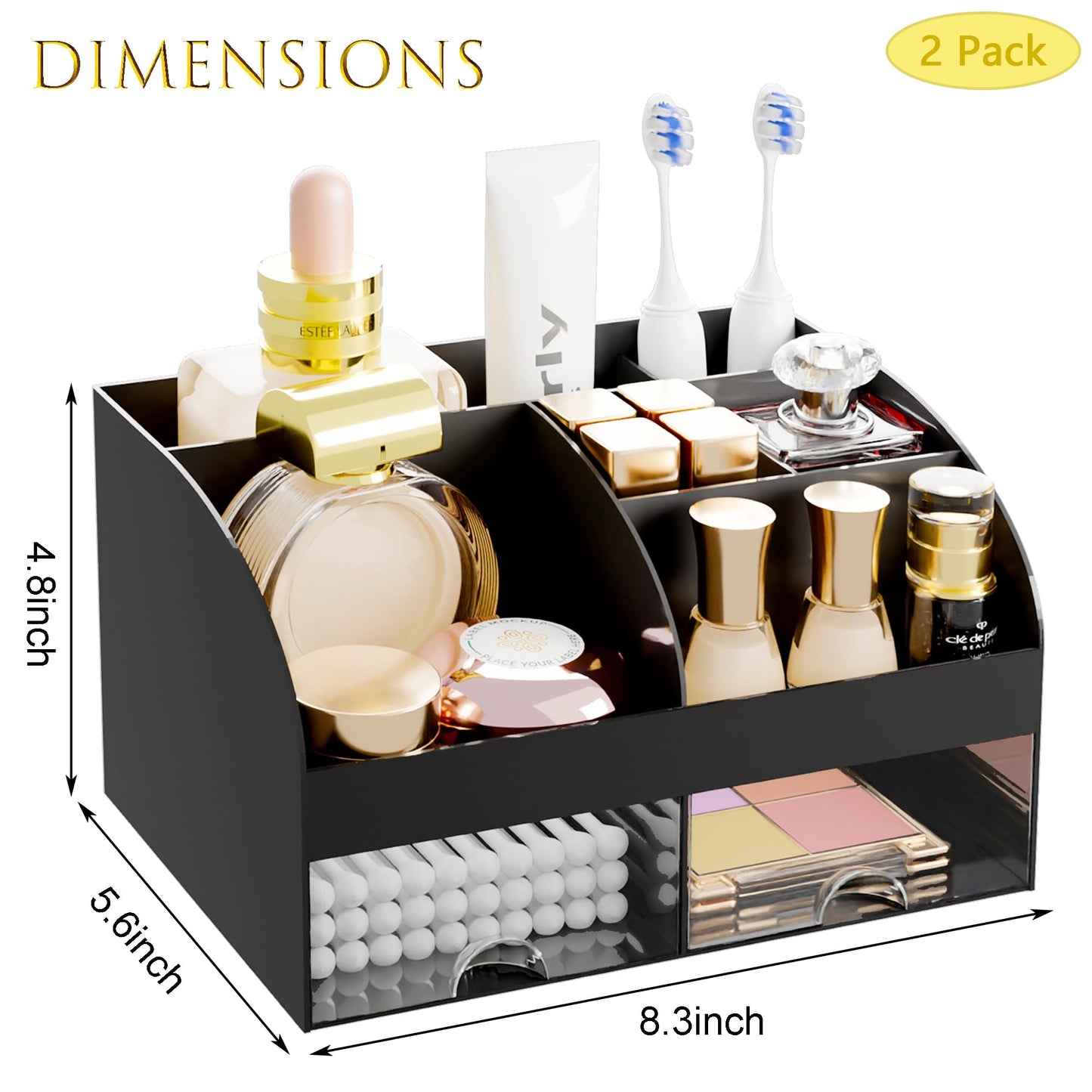 Makeup Organizer with 2 Drawers, Cosmetic Storage for Dresser Vanity and Bathroom Countertop,Make up organization and Skincare Storage with Beauty Brush Holder, Cosmetic Display Case 2Pcs Black