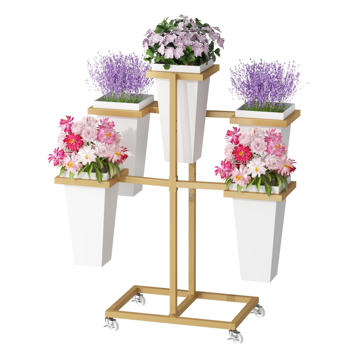 MILEFA Flower bar Stand with Buckets, Moving Flower Display Stand with Wheels, Metal Flower Cart for Bridal Shower, Wedding, Party, Garden, Gold