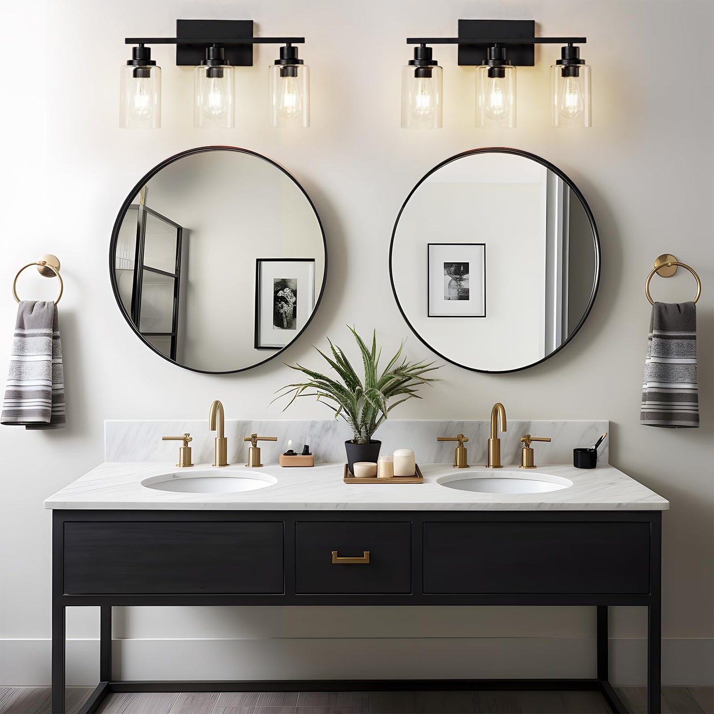 HCCZ 3 Light Bathroom Light Fixtures Black Vanity Light Over Mirror Modern Farmhouse Wall Lighting Sconces Rustic Industrial Wall Lamp for Bathroom, Bedroom, Living Room E26 Socket with Glass Shade