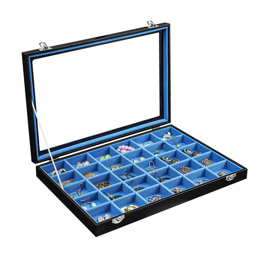 Stratalife Jewelry Holder Organizer Jewelry Drawer Organizer Earring Holder Jewelry Organizer Tray Earring Organizer for Women Girls Anti Tarnish Jewelry Box 30 Grid (Blue Black)