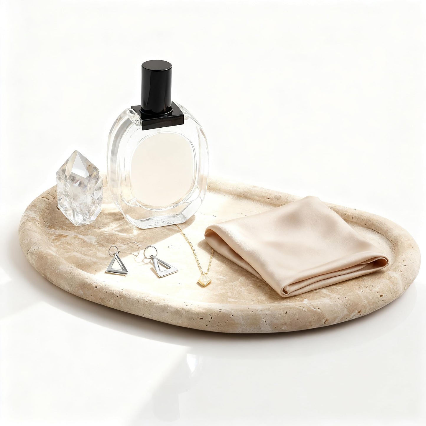 N NANSHOP Natural Travertine Tray, Special-Shaped Jewelry Tray, Marble Ring Dish for BathroomCountertop, Nightstand,Dressing Table, Bedside Table, Home Decor, Beige(Middle)(NS025)