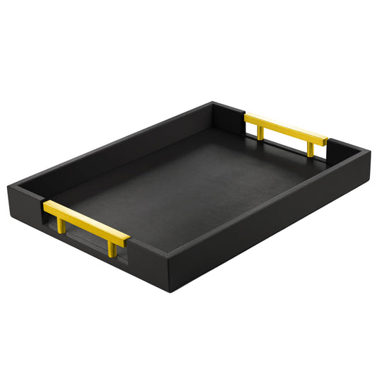 ATZYmolin Leather Serving Tray with Gold Polished Metal Handles, Home Decorative Wooden Rectangle Ottoman Decor Platter Bathroom Vanity Tray for All Occasions Black