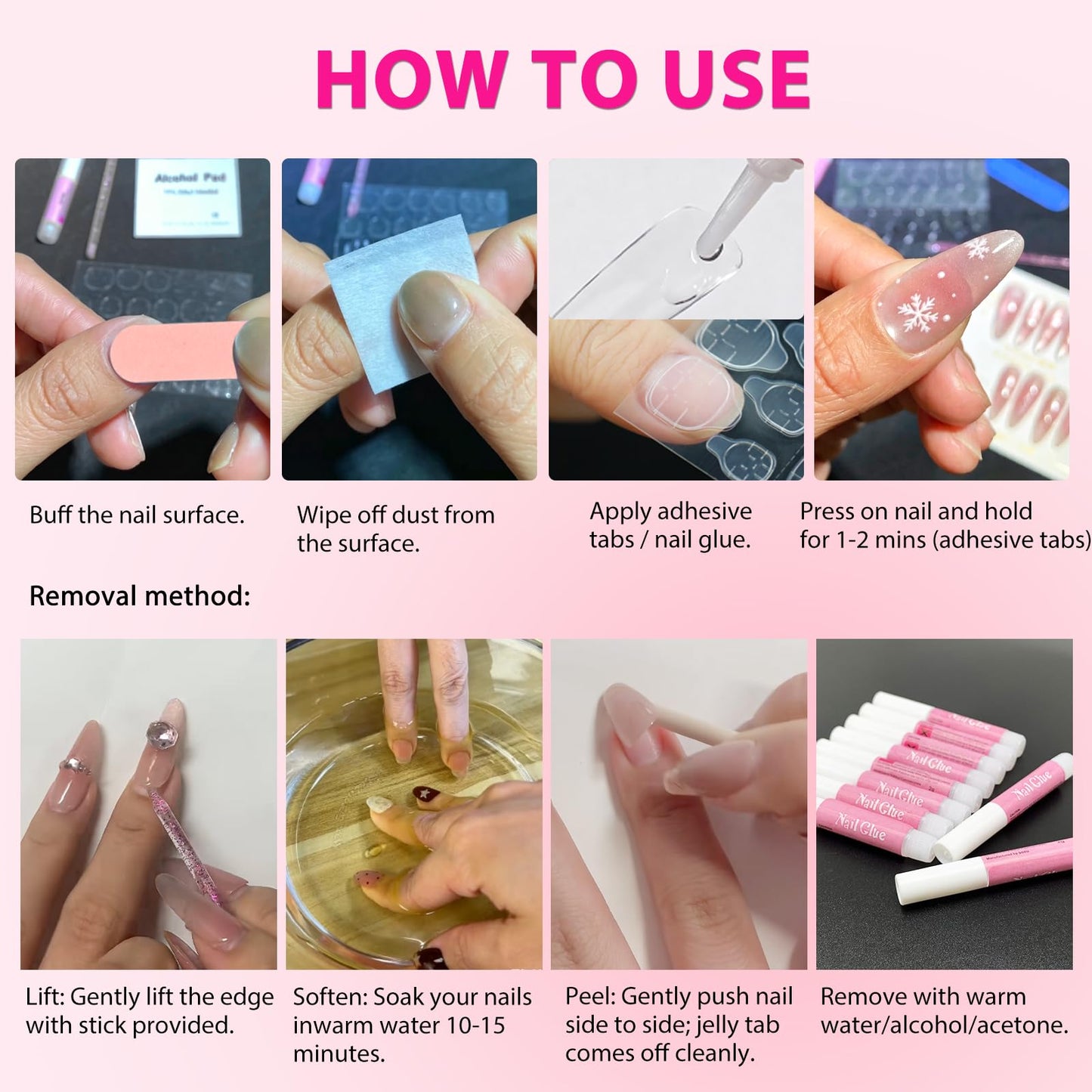 ESUOHYM 20 Sets Nails Packaging Bags for Press On Disposable Nail Supplies Kit with Holographic Bags, Glues, Instruction Cards, Tabs, File, Stick, Prep Pads, Tape Press On Nail Tools Kit for Business