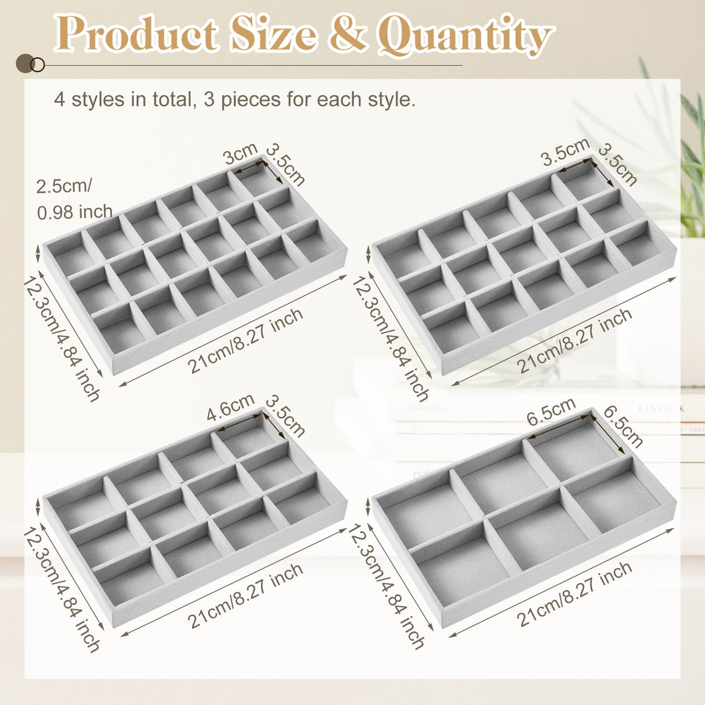 Junkin 12 Pcs Jewelry Tray Velvet Stackable Jewelry Organizer Trays Divided Earring Accessories Storage Containers Box(Gray)