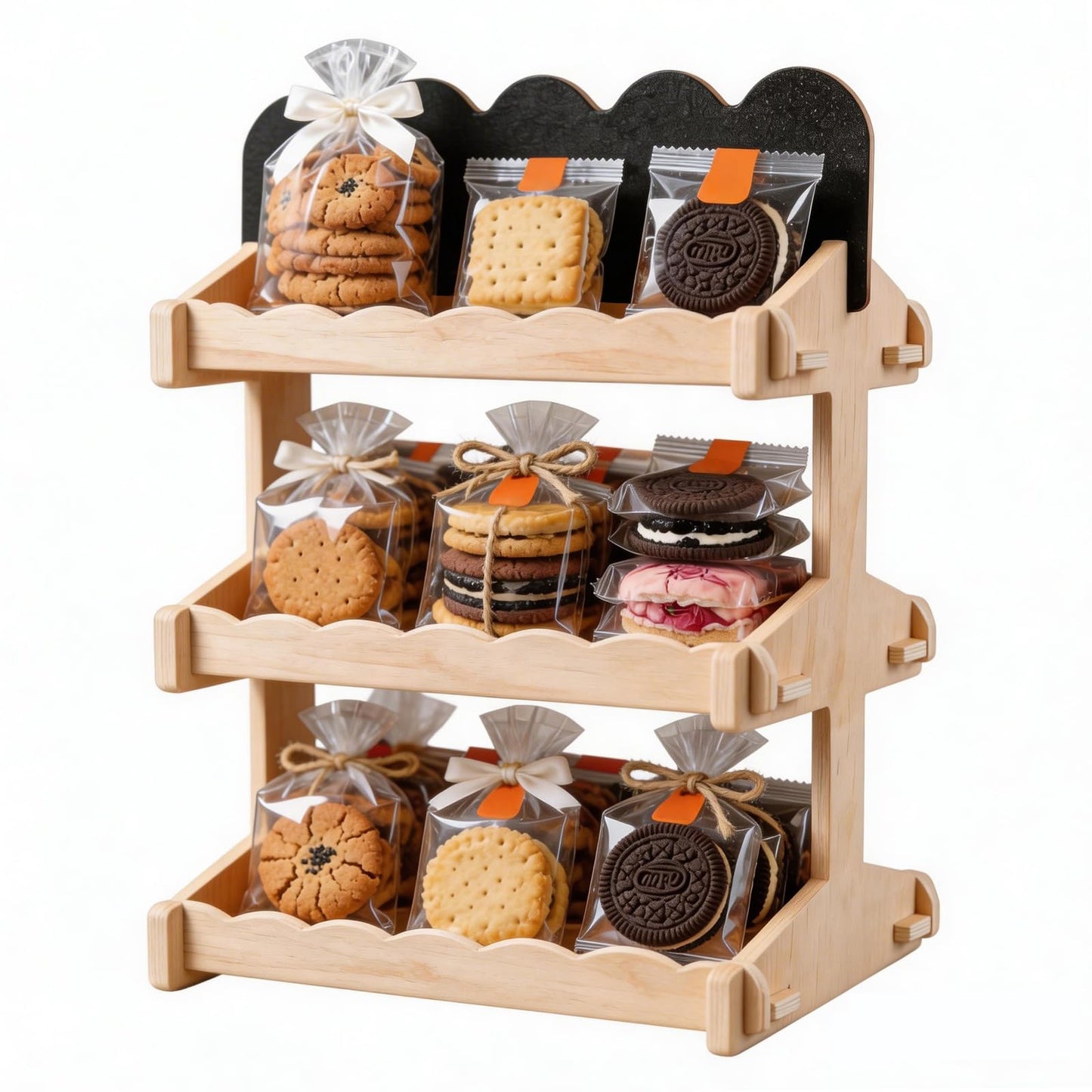 Idcymoul Cookie Display Stand, 3 Tiered Sturdy Wooden Stand with Chalkboard Sign for Bakers, Vendor Booths, Craft Fairs & Farmers Markets, 6.5inch Interval Display for Cookies, Cupcakes & Pastries