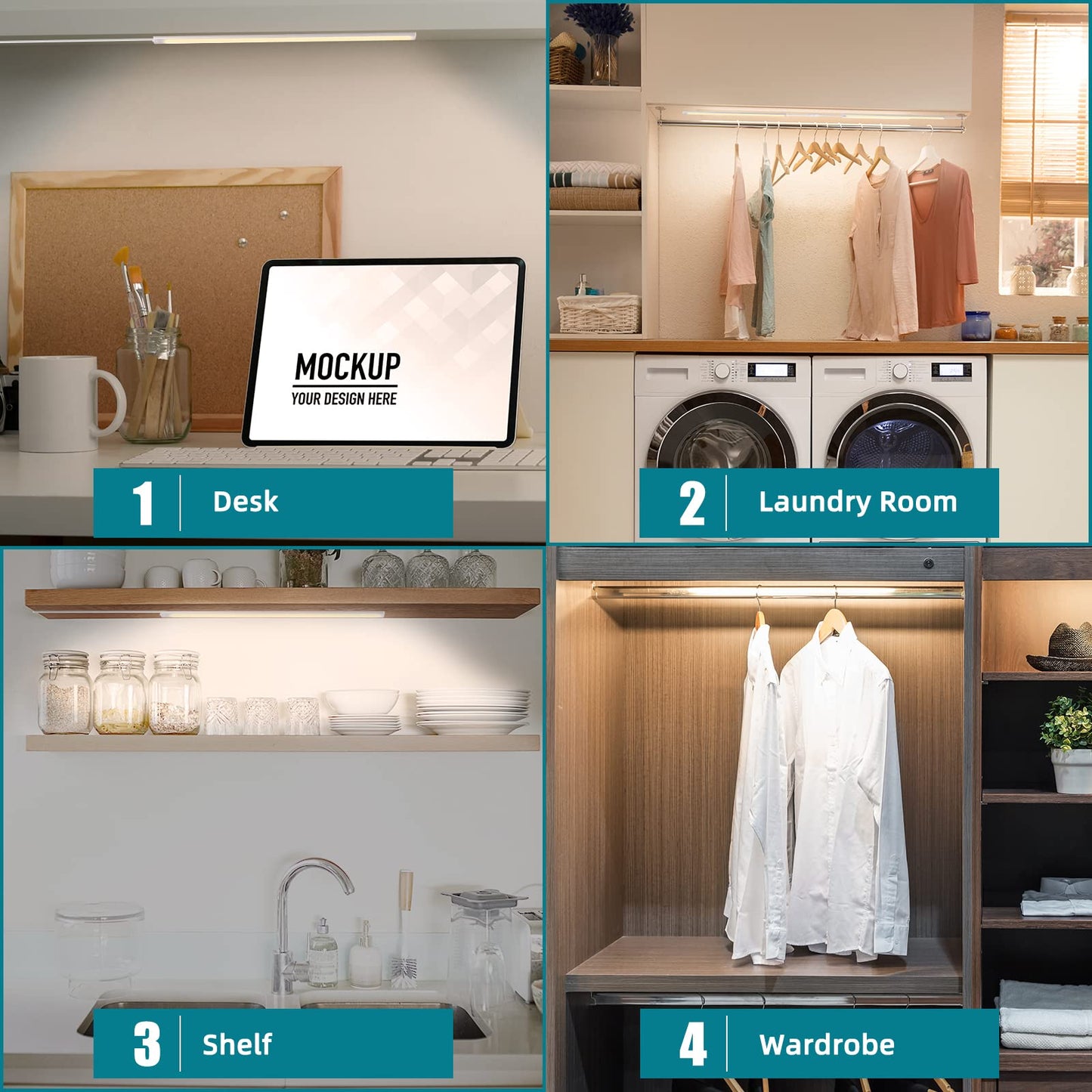 Under Cabinet Lights Plug-in Daylight White 4000K, Dimmable LED Under Cabinet Lighting, 4pcs 12 Inch Under-Counter Light Fixtures with Memory Function, Linkable LED Cabinet Light for Kitchen