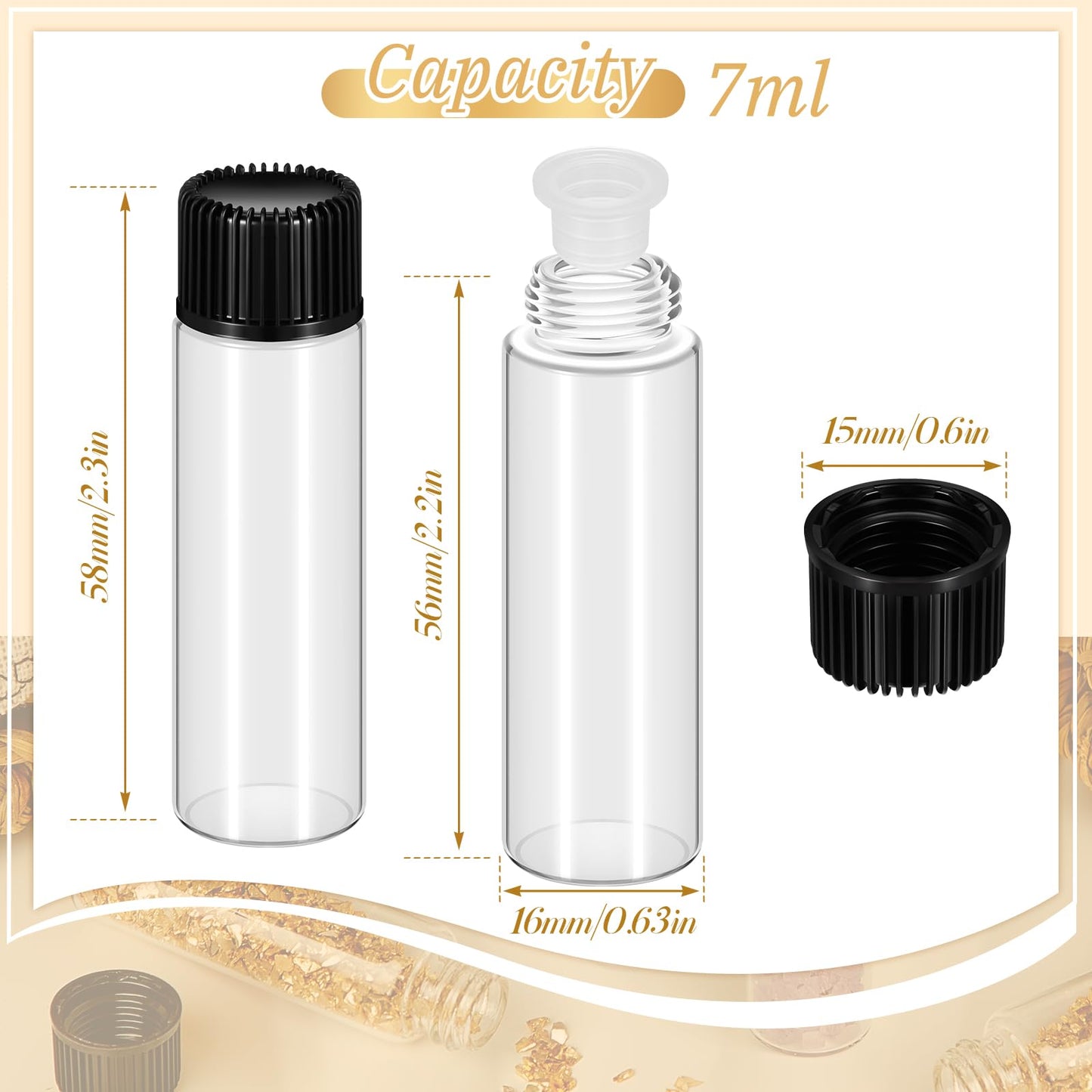 Lallisa 50 Pcs 7 ml Glass Vials with Screw Caps, Leakproof Small Glass Bottles Bulk, Mini Sample Vials with Plastic Stopper for Essential Oils, Sample, DIY Craft (Clear with Black Cap)