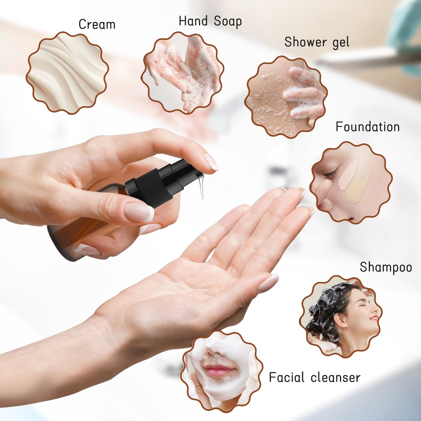 10 Pack Empty Amber Glass Pump Bottles Refillable Cream Lotion Bottles Travel Cosmetic Dispenser Bottle for Sample,Liton,Cream,Liquids Aromatherapy and More (15ml/0.5oz)