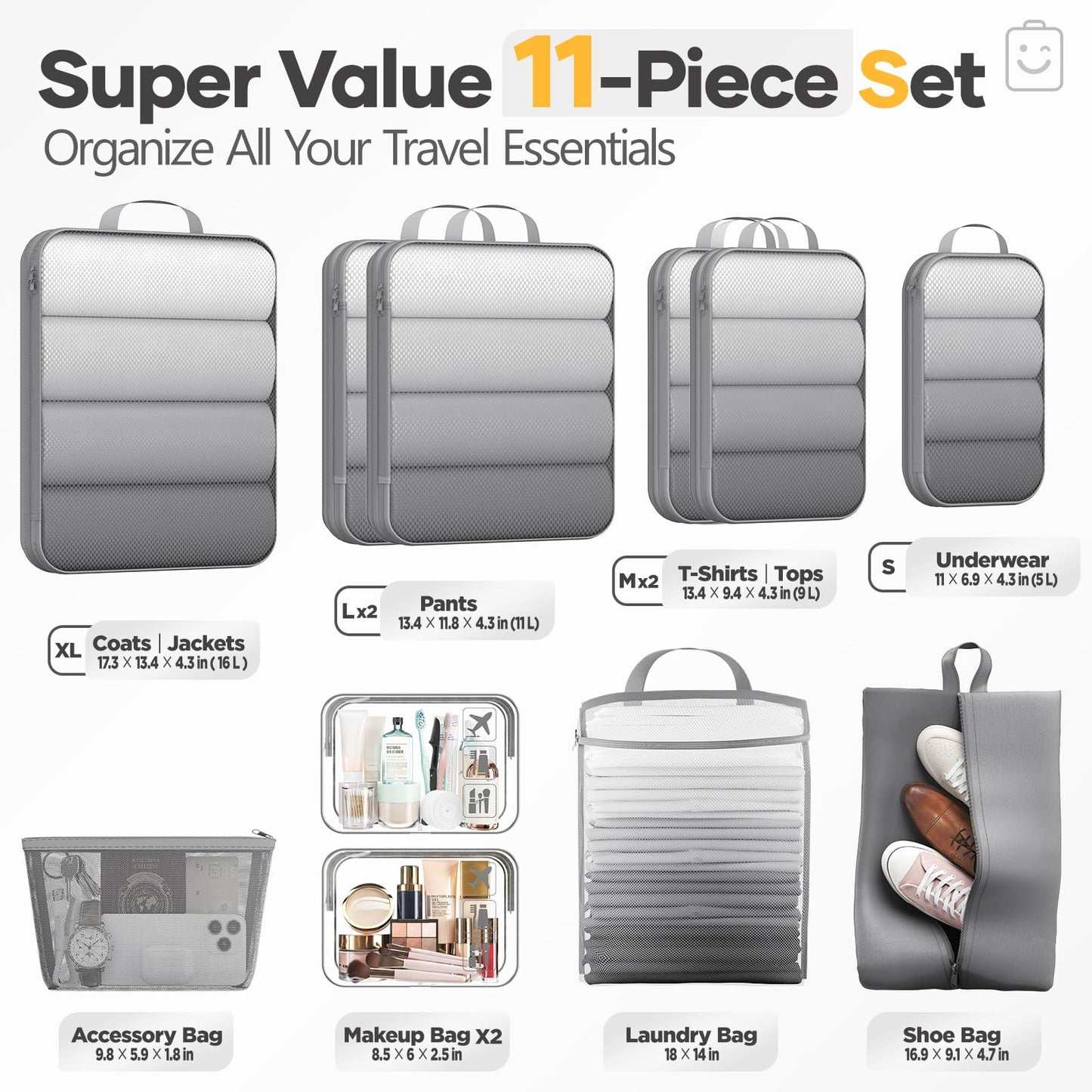 Veken 11-Pack Compression Packing Cubes for Travel Essentials,Compressible Expandable Large Luggage Suitcase Organizer Bags for Clothing,Durable Space Saver Bags with Toiletry Bags(Gray)