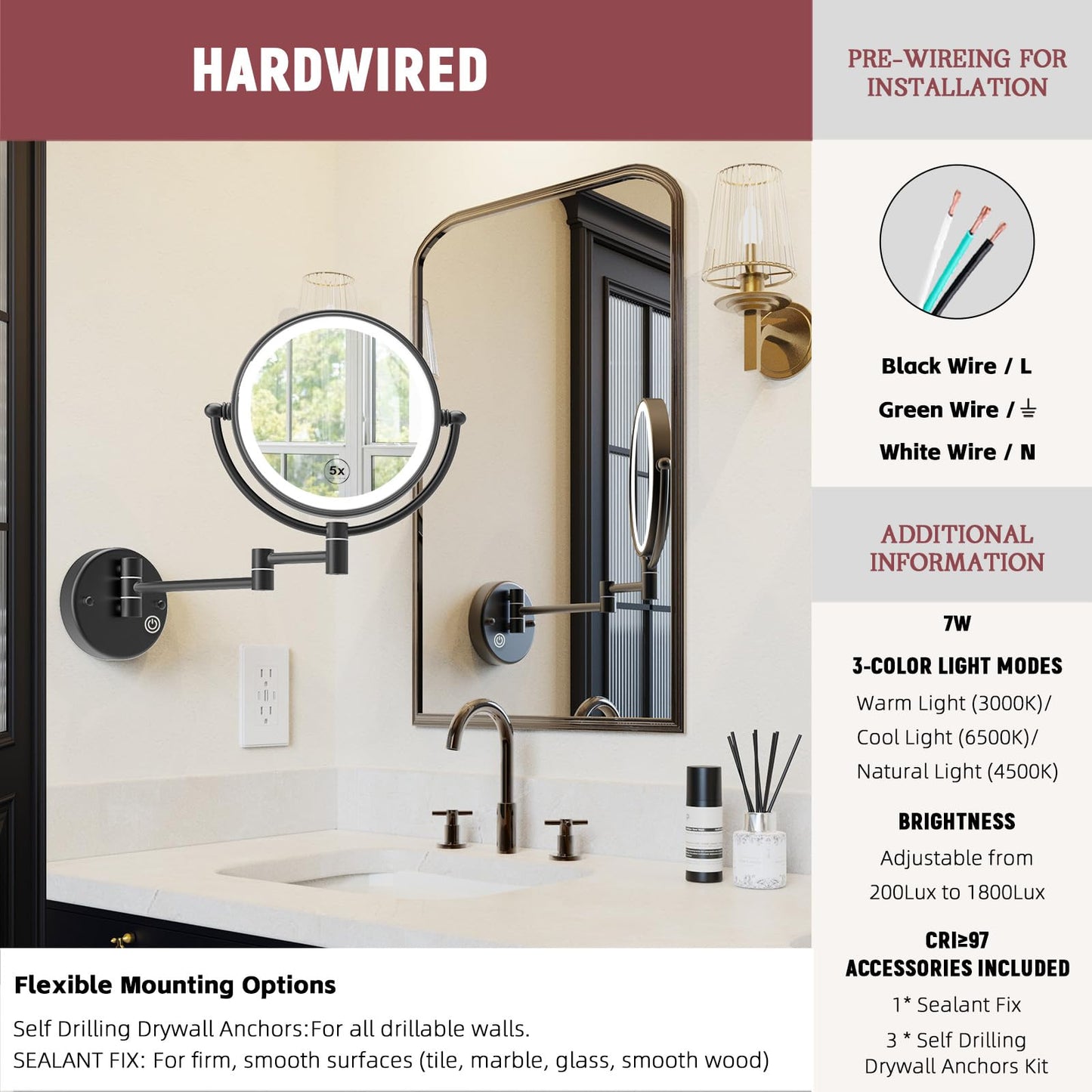 RECKODOR 8" Hardwired Magnifying Mirror Wall Mounted, Matt Black