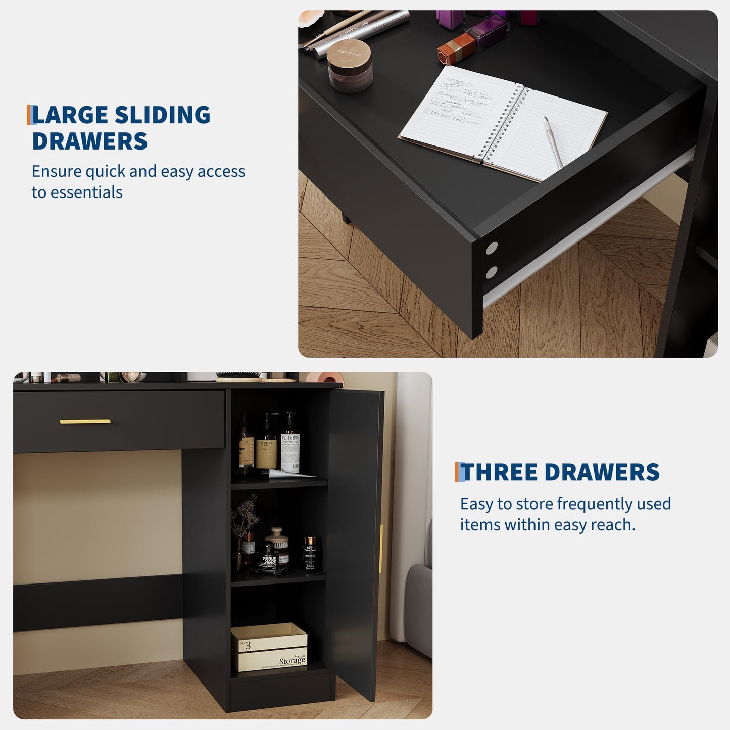 Garvee 35.4-Inch Vanity with Mirror, Featuring Three-Level Adjustable Lighting, a Drawer Unit, Shelves, an Outlet, and a Stool. a Compact Vanity Suitable for Living Rooms and Apartments – Black