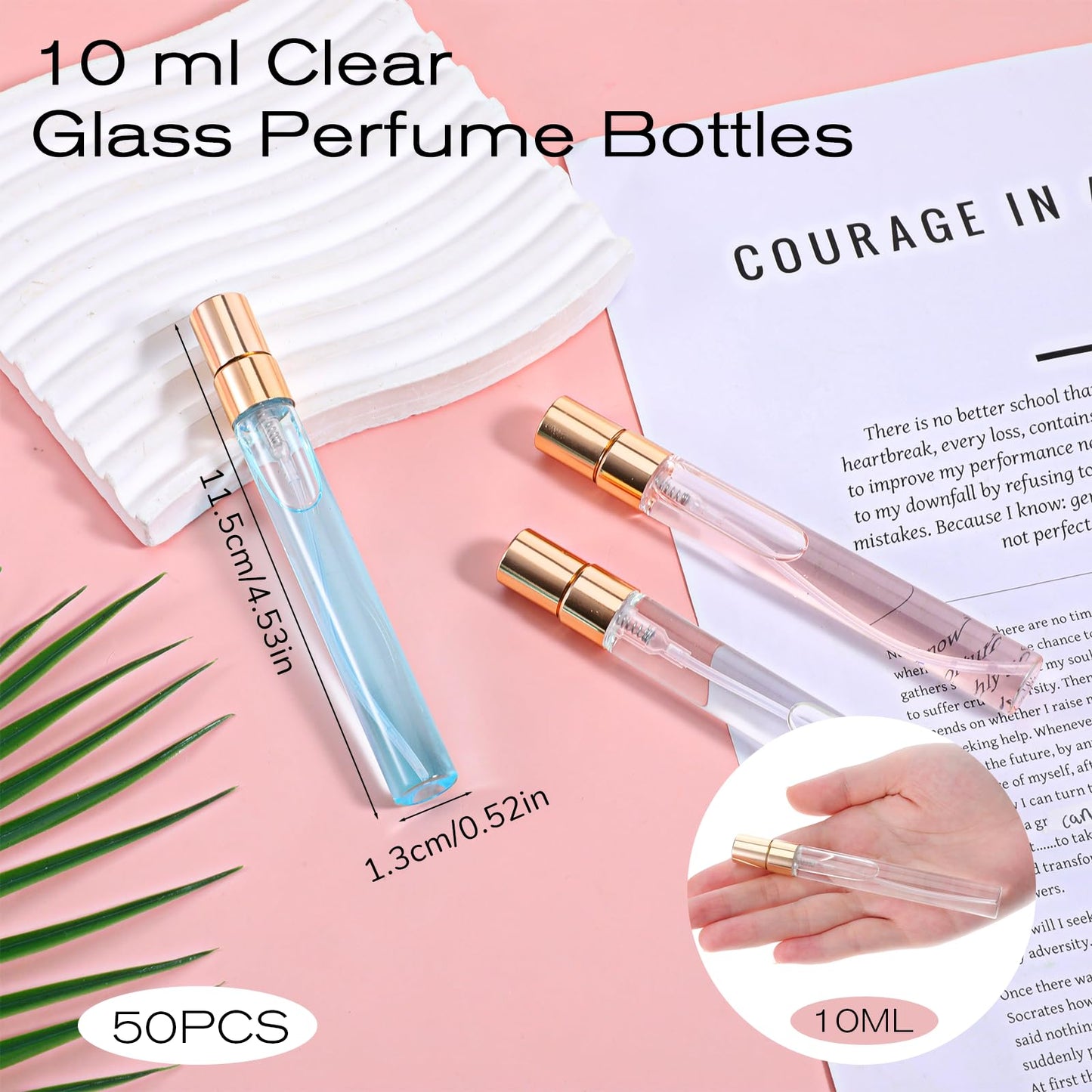 IMengjbang 50Pcs 10ml Mini Spray Bottles, Empty Clear Glass Mist Spray Bottle Refillable Mini Perfume Atomizer Travel Sample Bottle Lids Fine Mist Perfume Atomizer Makeup Container