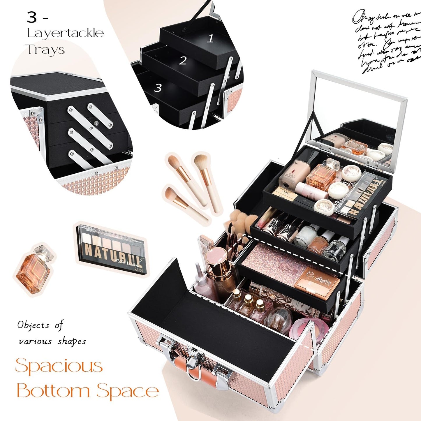 Joligrace Dazzle Gold Makeup Train Case, 3-Tier Makeup Box Organizer and Portable Makeup Organizer Box, Hard Makeup Case with Mirror and Lock, Professional Makeup Case for Women