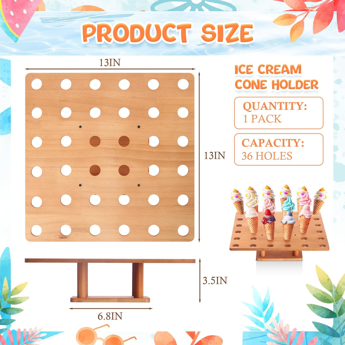 FoldTier 1 Pcs 36 Holes Ice Cream Cone Holder Stand 13" Wooden Charcuterie Cones Sushi Hand Roll Display Stand for Buffet, Food Trucks, Catered Events or Party Supply(Square)