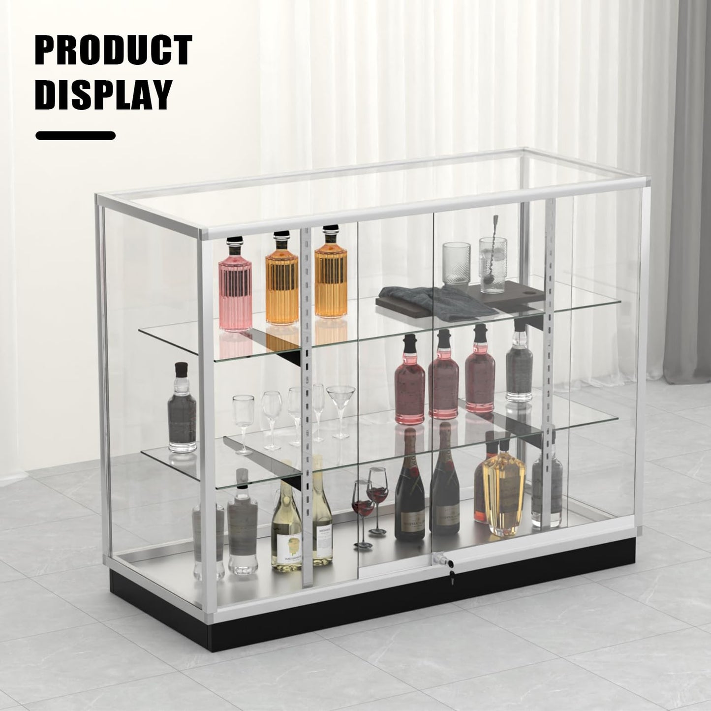 48" Glass Display Showcase Cabinet – Silver Aluminum Frame, Tempered Glass Shelves, Lockable Sliding Doors & LED Lighting – Extra Vision Retail Fixture for Stores, Exhibits & Collectibles