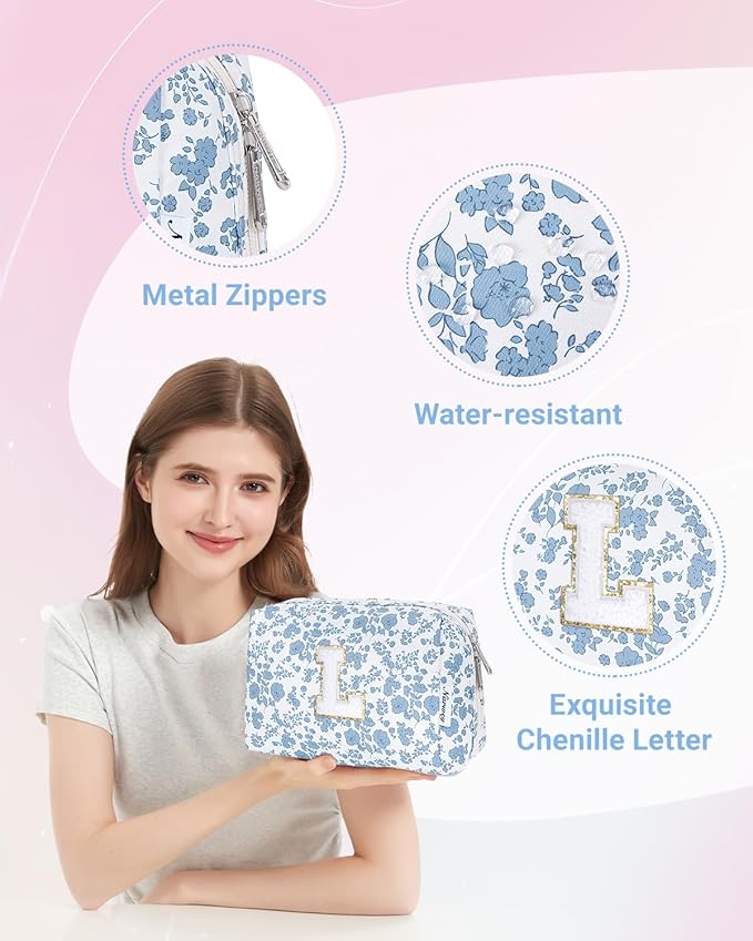 Narwey Birthday Gifts for Teen Girls Kids Women Personalized Initial Floral Makeup Bag Cute Cosmetic Trendy Stuff 6 8 10 11 12 13 14 16 18 Years Old Travel Toiletry Bag (Little Blue Flower L)