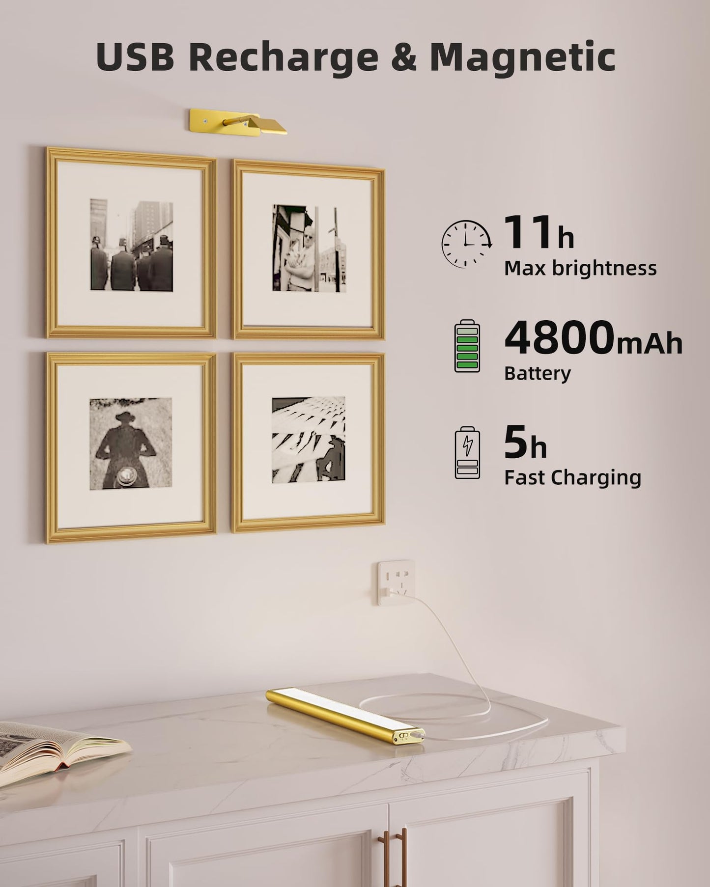 EZVALO Picture Light for Wall, 4800mAh Rechargeable Wireless Remote, 16‘’ Dimmable Magnetic LED Art Display Light with 3 Color Temperatures, for Gallery, Living Room, Bedroom, Hallway (Gold)