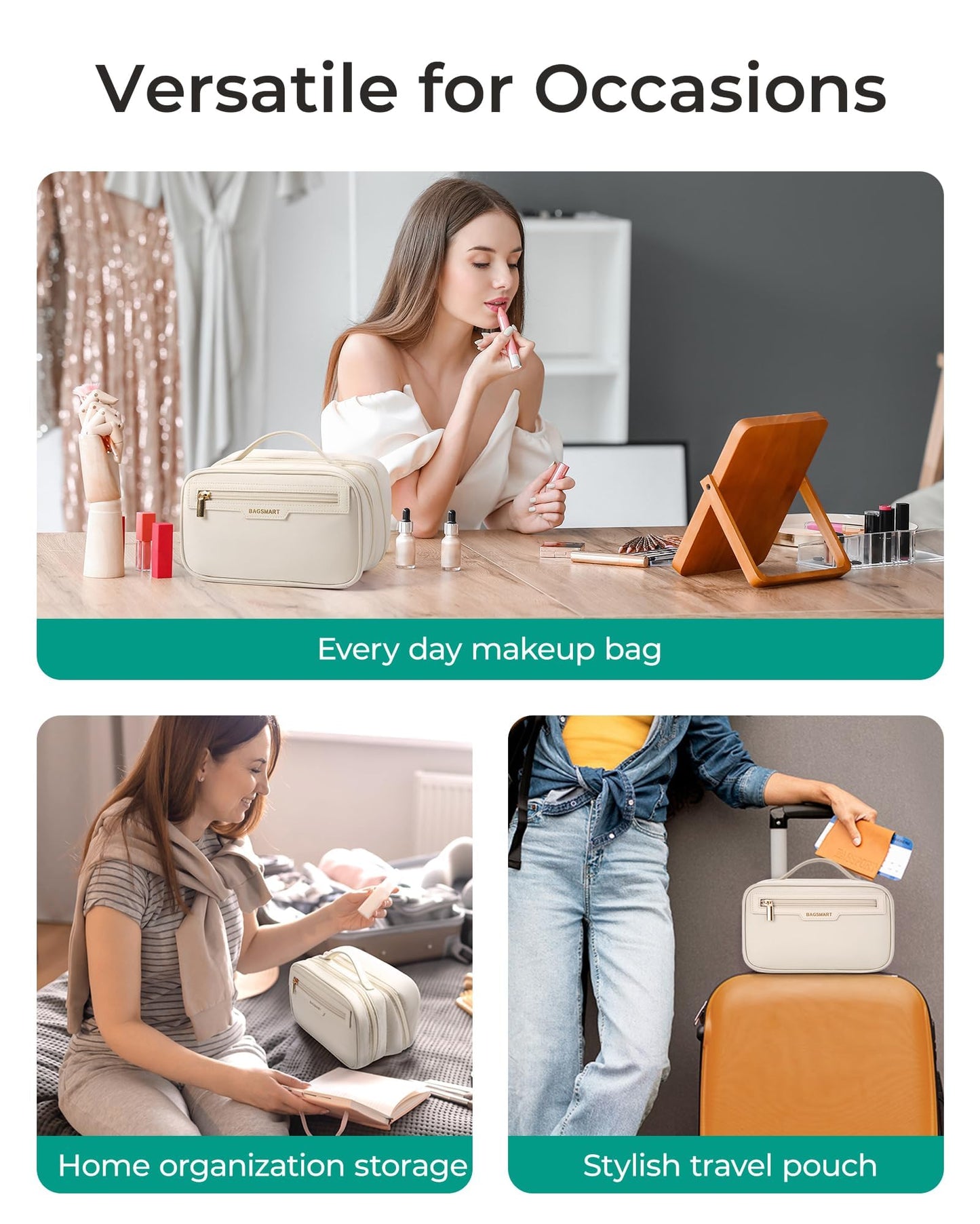 BAGSMART Travel Makeup Bag Large Capacity Cosmetic Bag, Wide-open Portable Make Up Bag Organizer for Women for Travel Essentials Travel-Size Toiletries Accessories Bottles, Brushes (Warm Gray)