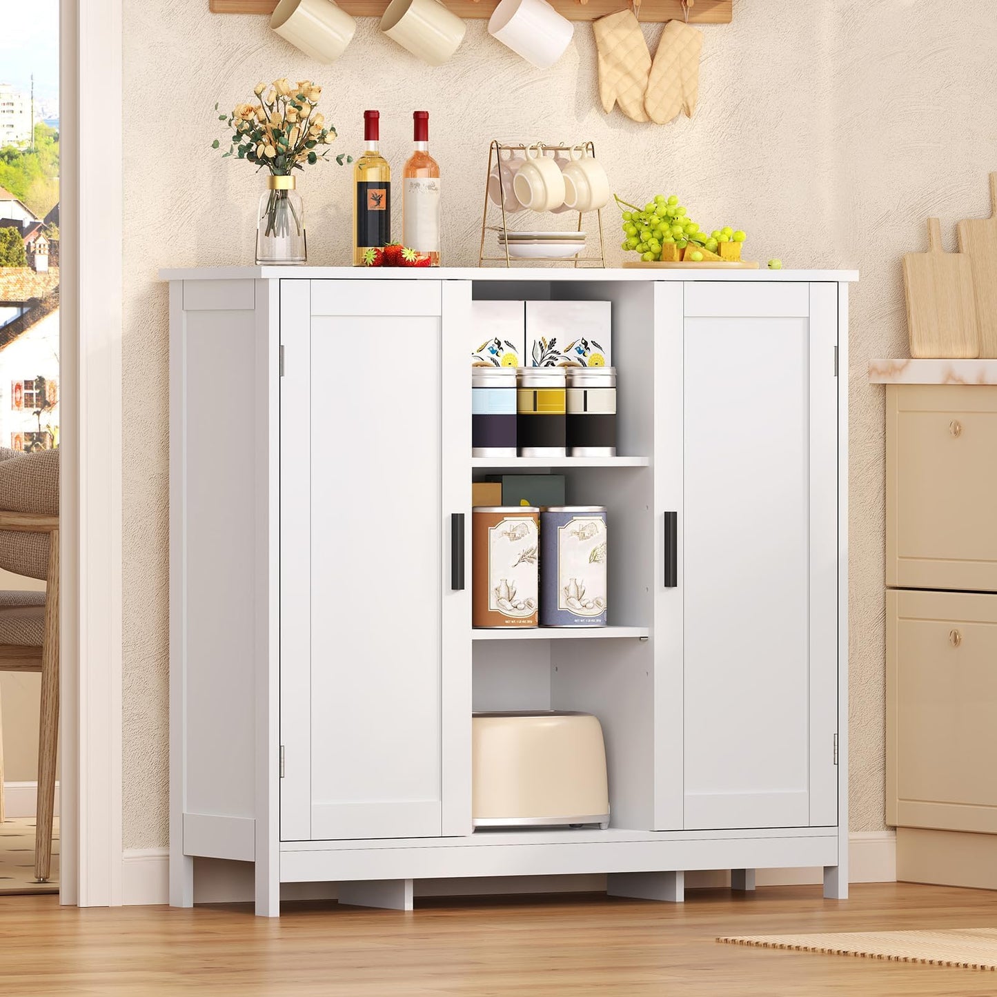 Iwell Storage Cabinet with 2 Doors and 4 Storage Shelves, Buffet Cabinet, Bathroom Cabinet for Living Room, Entryway, Home Office, White