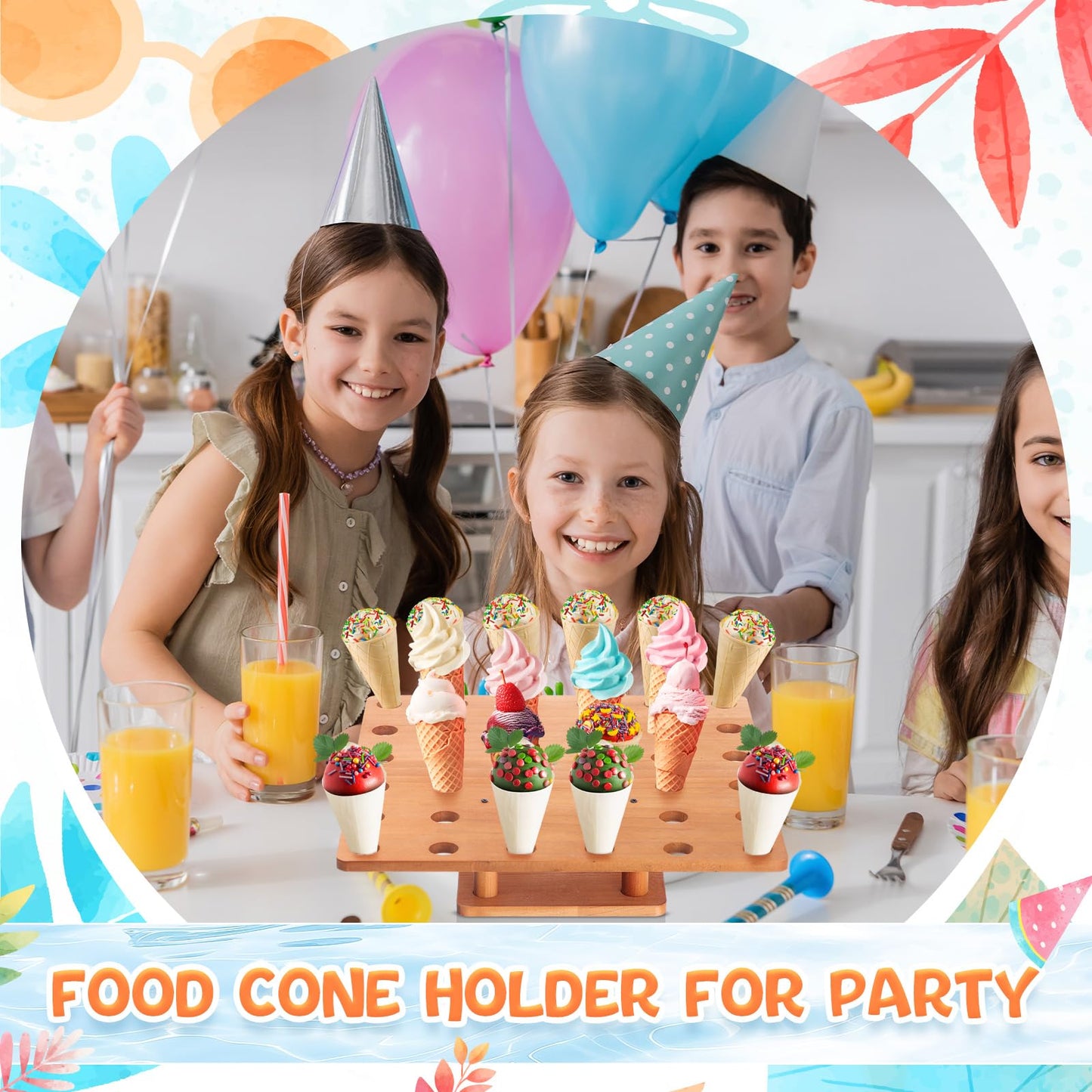 FoldTier 1 Pcs 36 Holes Ice Cream Cone Holder Stand 13" Wooden Charcuterie Cones Sushi Hand Roll Display Stand for Buffet, Food Trucks, Catered Events or Party Supply(Square)