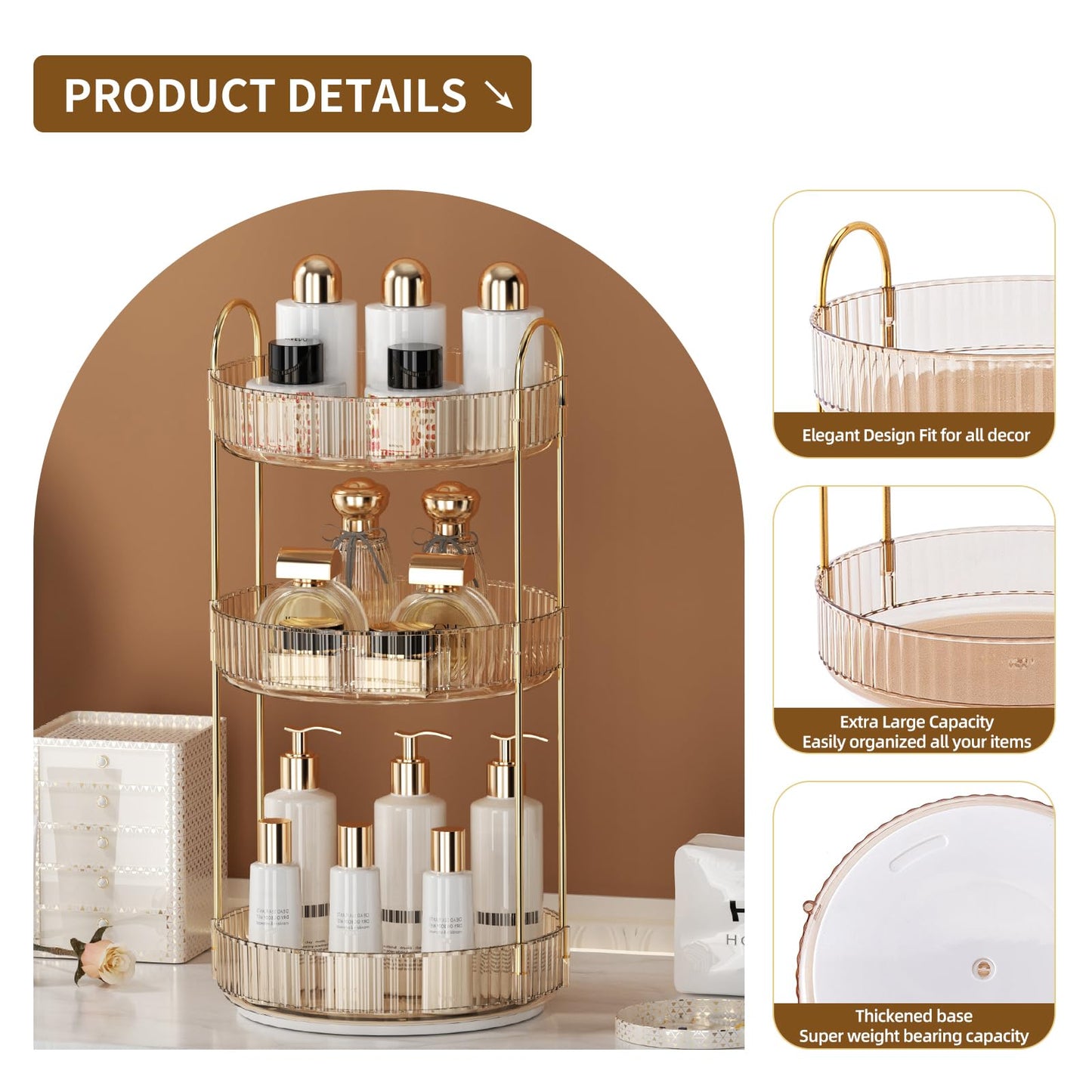 SiiMMM 360° Rotating Makeup Organizer for Vanity - 3 Tier Perfume Organizer with Large Capacity - Skincare Organizer for Bathroom Counter - Space-Saving Cosmetic Storage for Dresser Countertop (Gold)