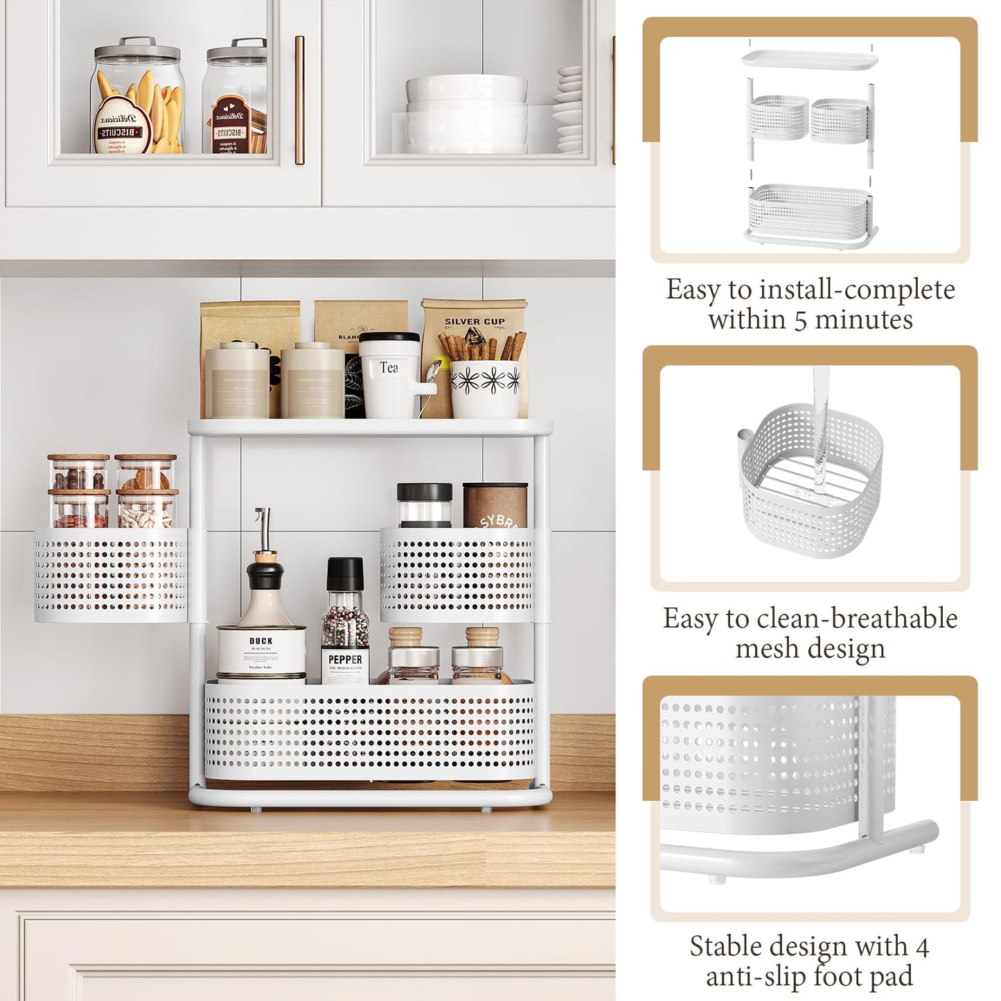 3-Tier Rotating Bathroom Counter Organizer, Vanity Tray for Makeup & Skincare, Countertop Spice Rack Storage, Space-Saving Shelf for Bathroom, Kitchen, Laundry Room, Baby Bottle Station, White