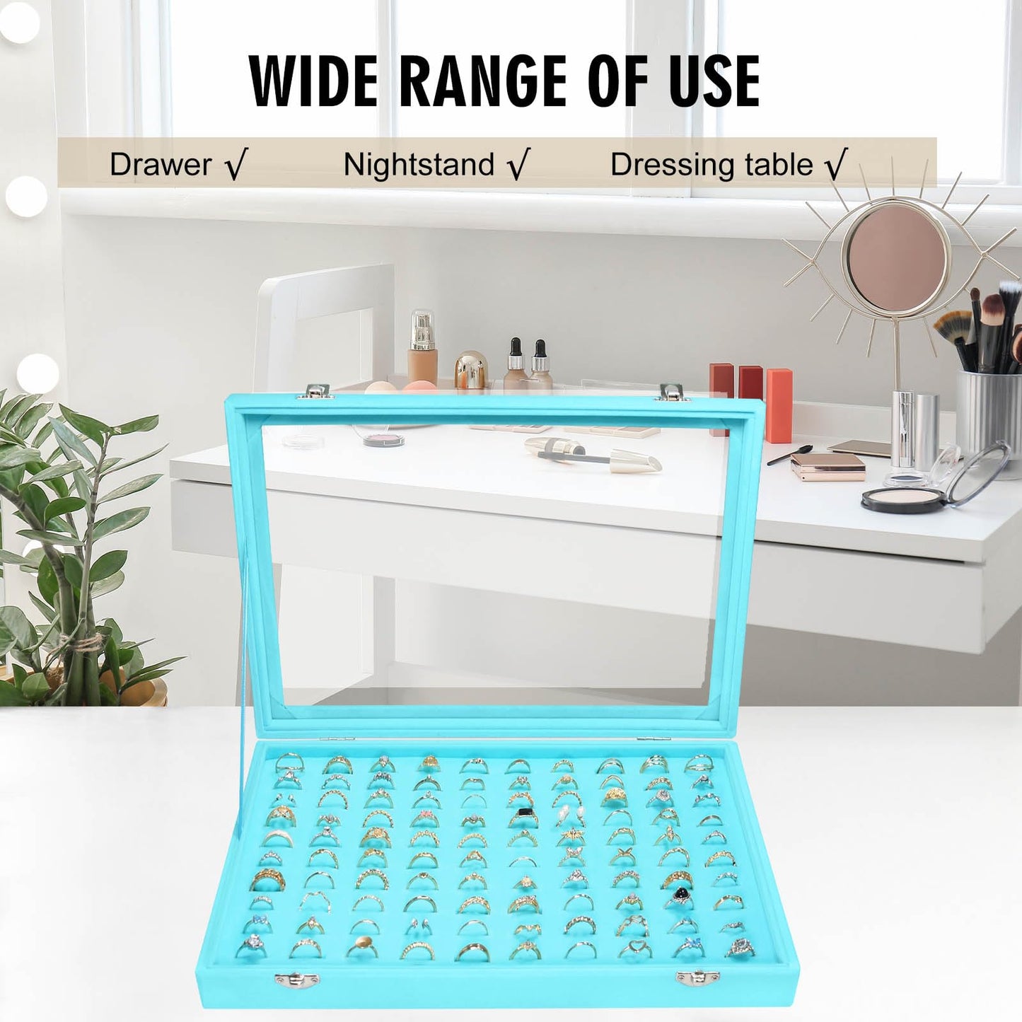Siveit Velvet Ring Display Tray Organizer Box with Transparent Lid, 100 Slot Ring Holder Showcase For Store Display Jewelry Show Home, Ring Organizer For Rings Earrings (Light Blue)