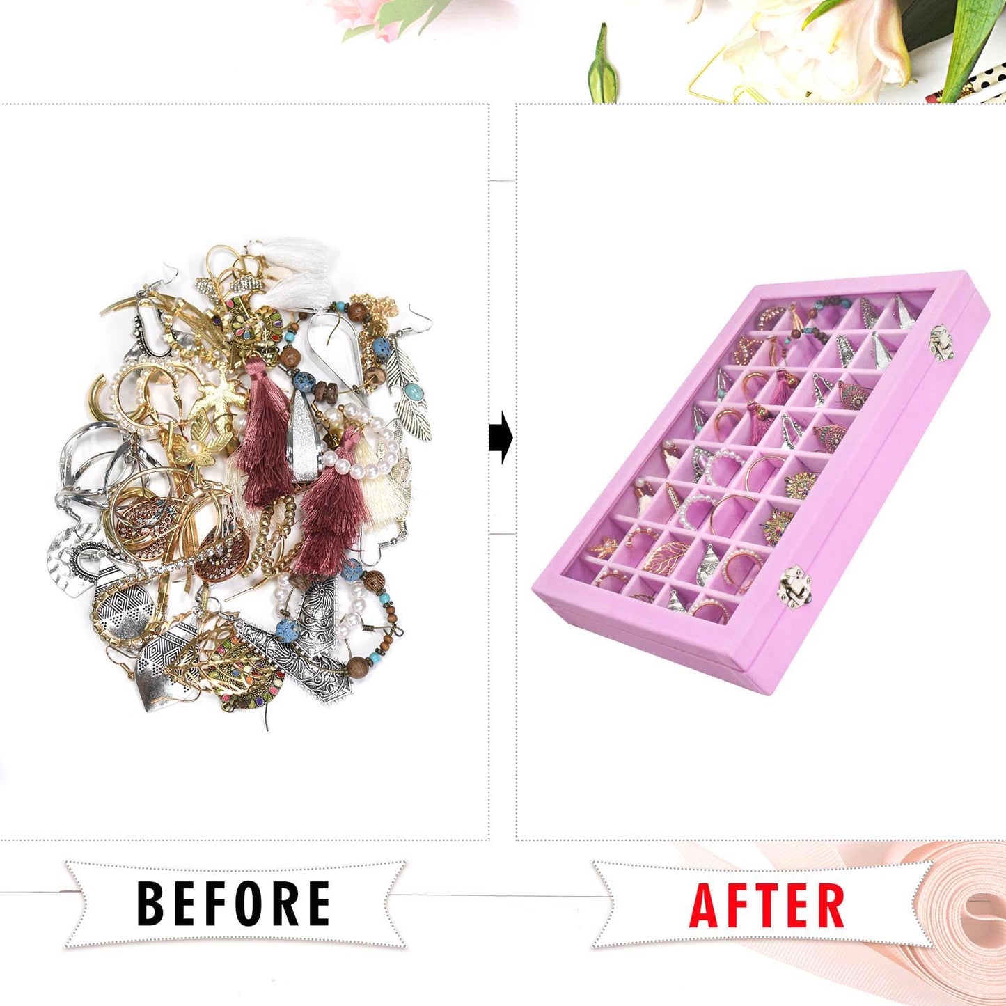 Siveit Velvet Jewelry Tray 48 Grid Jewelry Display Tray Organizer Box with Transparent Lid Rings Earrings Necklaces Pendants Display Box Suitable for Women and Girls (Pink)